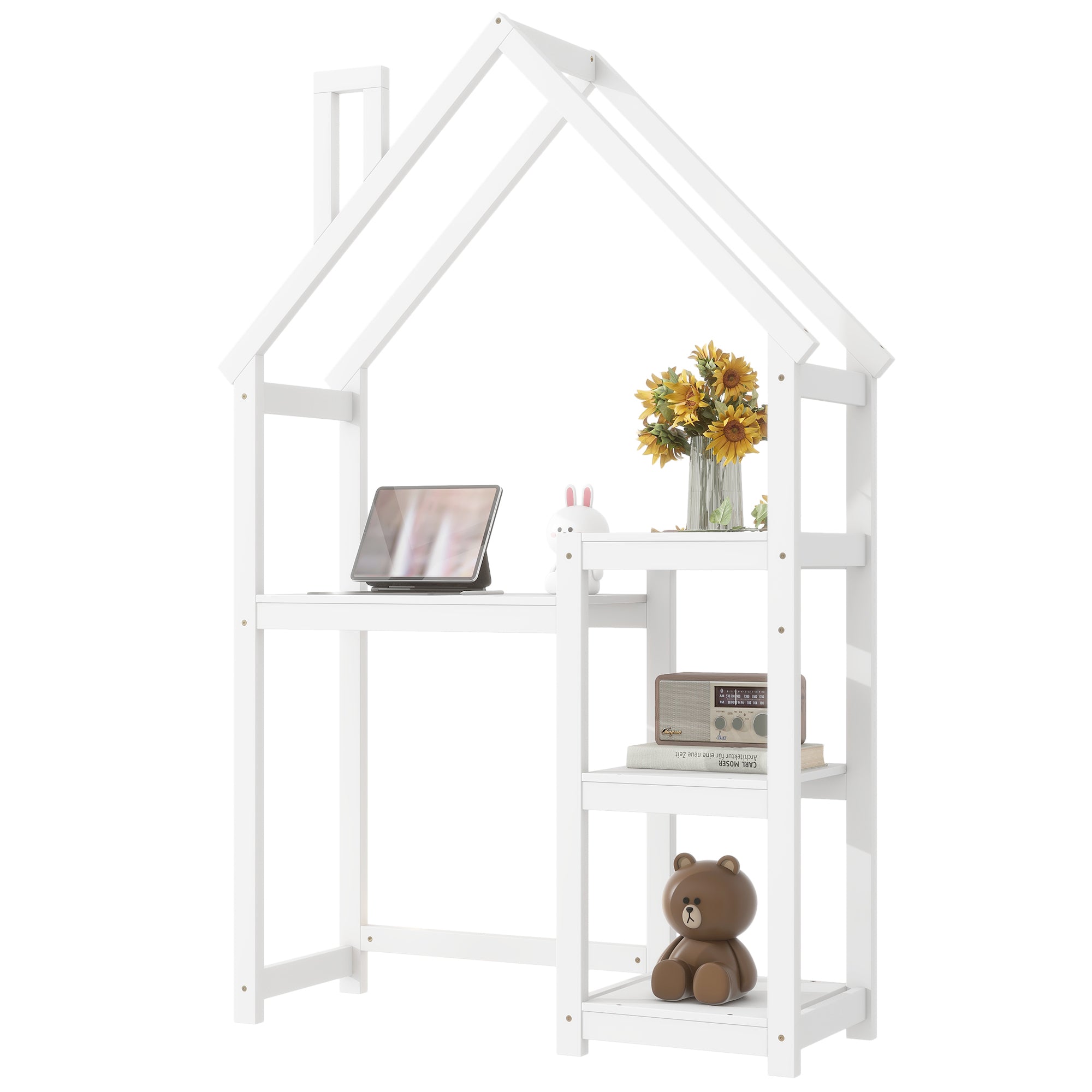 House-shaped Wooden writing Desk,Kids study Table,Bookshelf & Toy Storage,White-American Furniture Outlet
