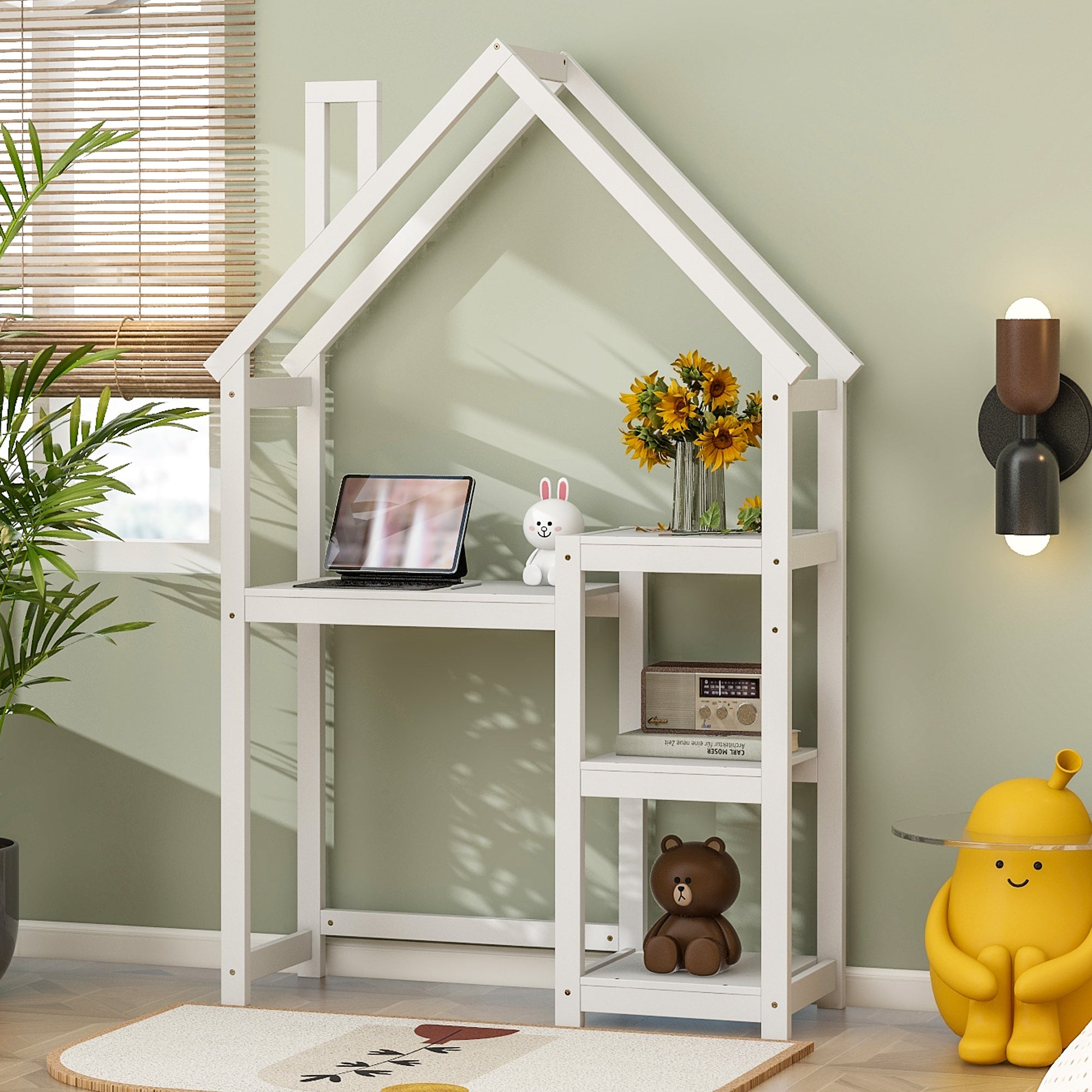 House-shaped Wooden writing Desk,Kids study Table,Bookshelf & Toy Storage,White-American Furniture Outlet