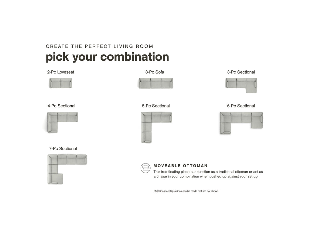 Sectional sofa configuration diagram with movable ottoman illustration