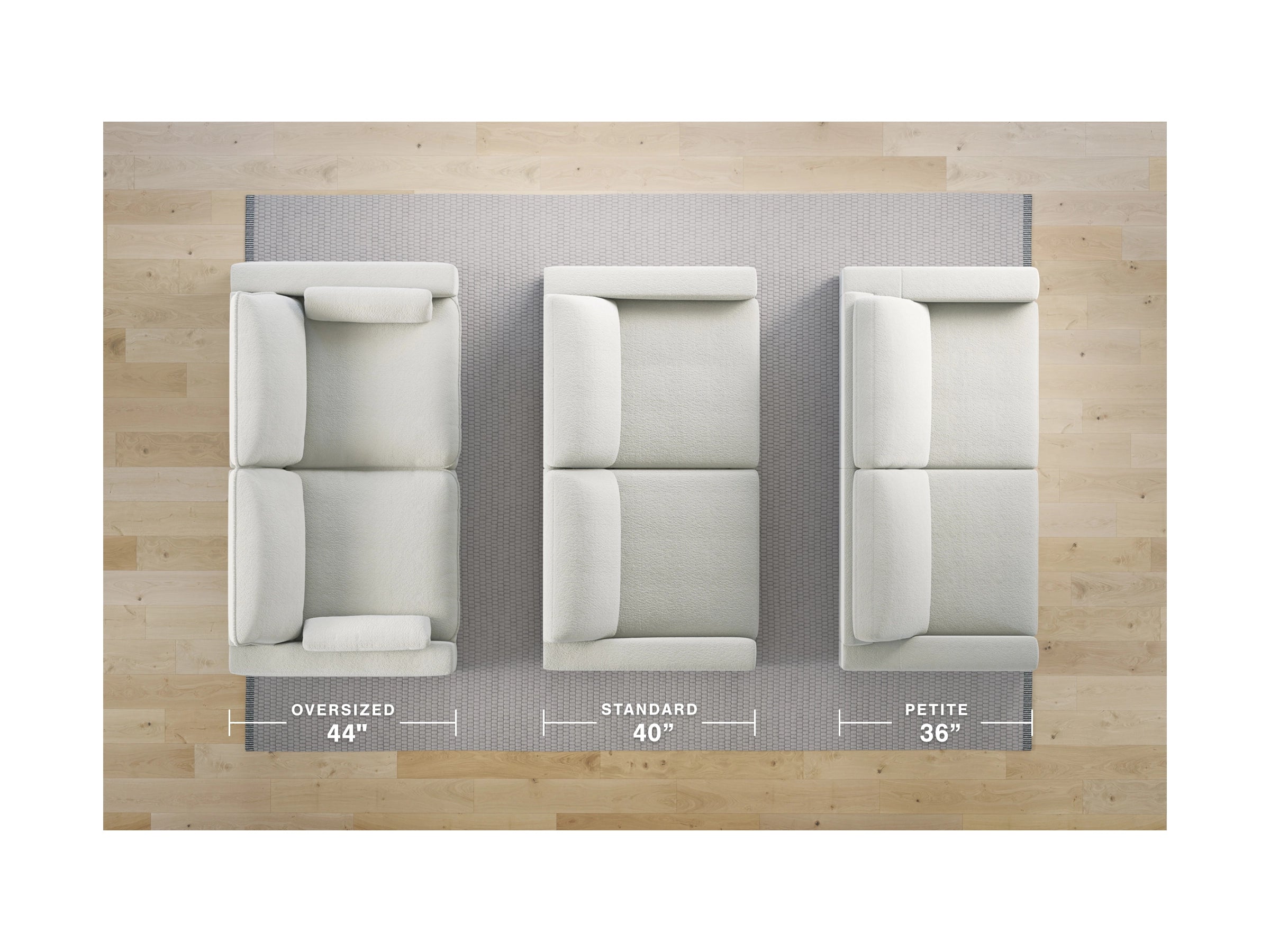 Sectional sofa cushion size comparison with three boxy back styles