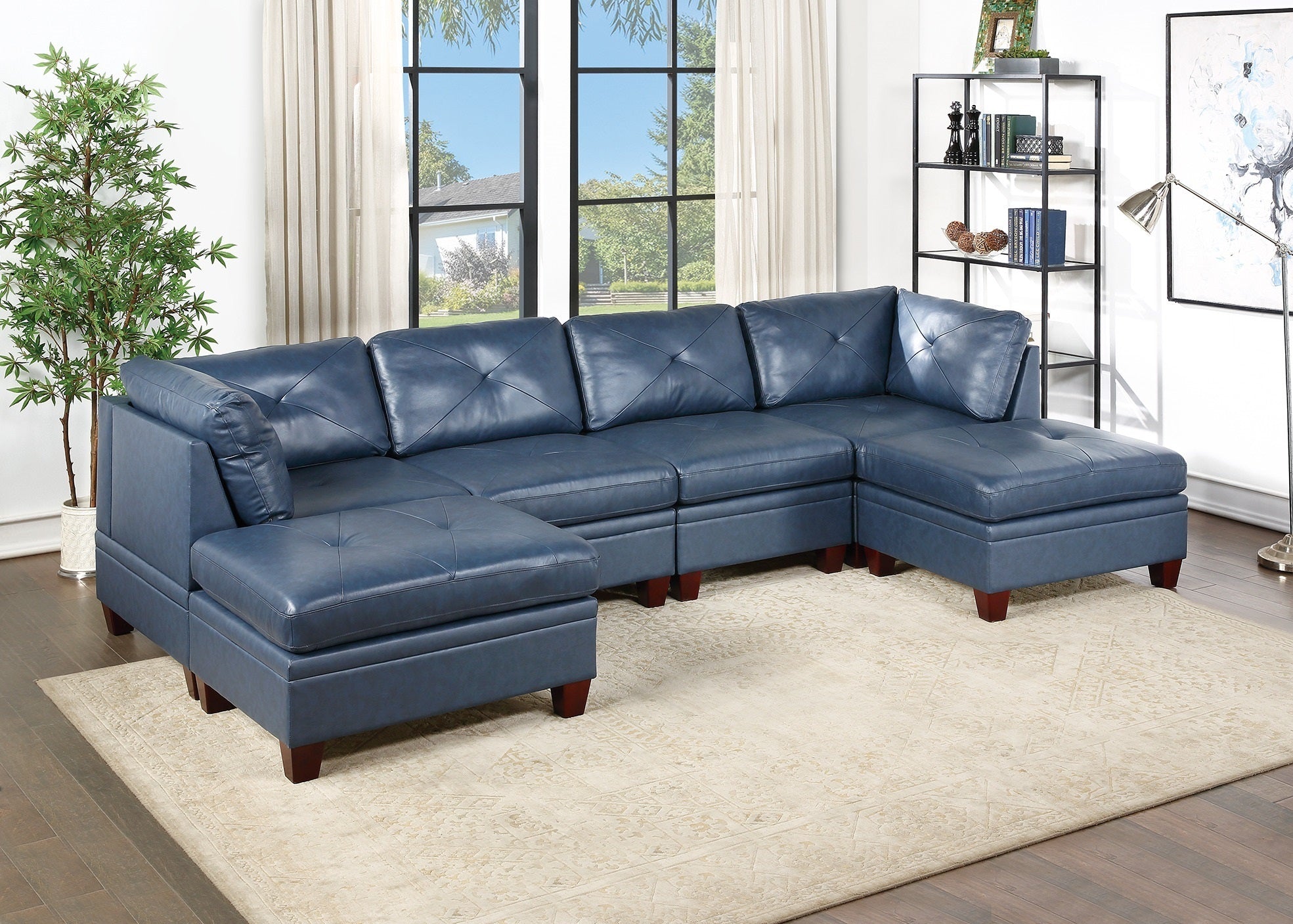 Ink Blue Top Grain Leather 6-Piece Modular Sectional Sofa with Ottomans-American Furniture Outlet -American Furniture Outlet