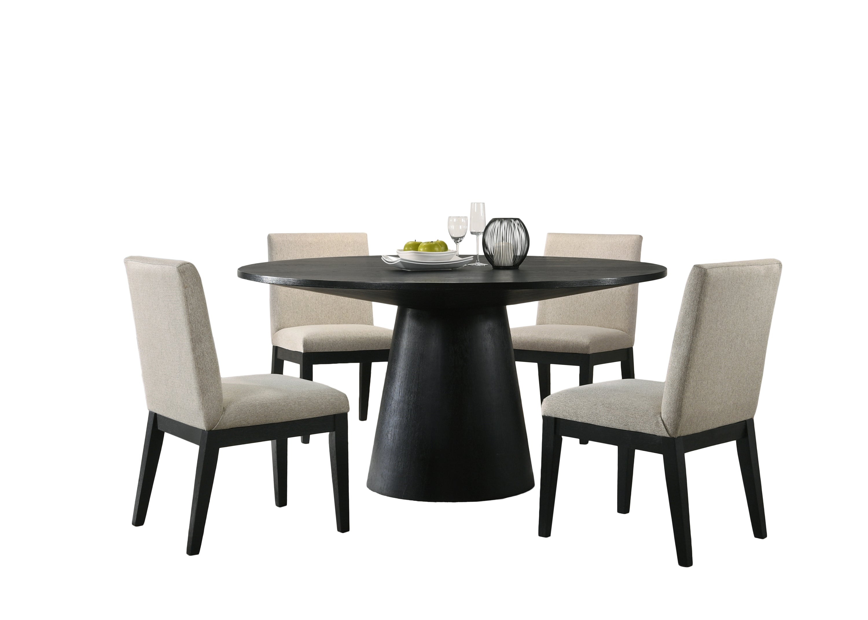 Jasper Ebony Black 5-Piece Contemporary Round Dining Set - 59" Wide Table with Beige Fabric Chairs-American Furniture Outlet