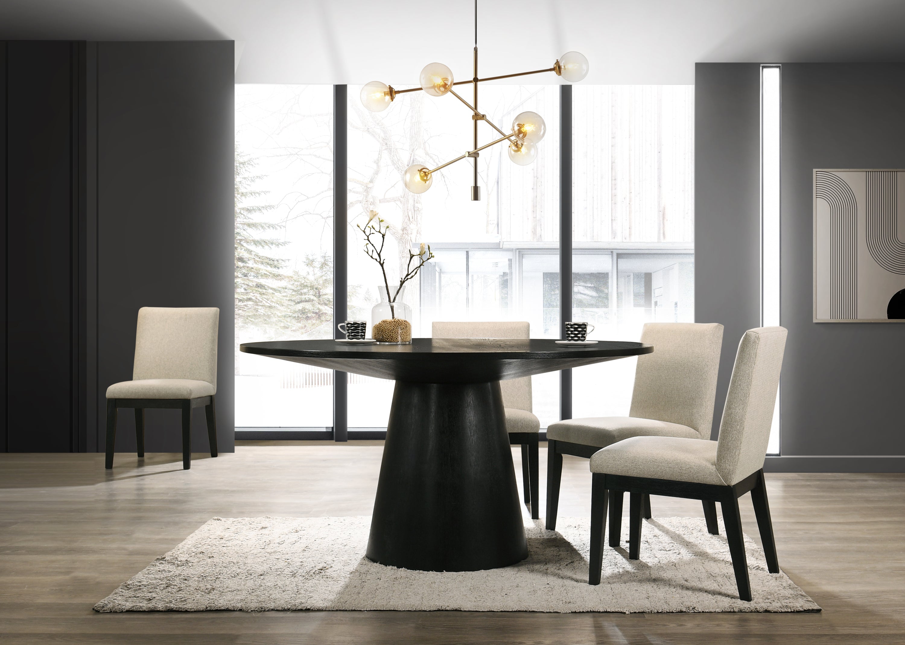 Jasper Ebony Black 5-Piece Contemporary Round Dining Set - 59" Wide Table with Beige Fabric Chairs-American Furniture Outlet