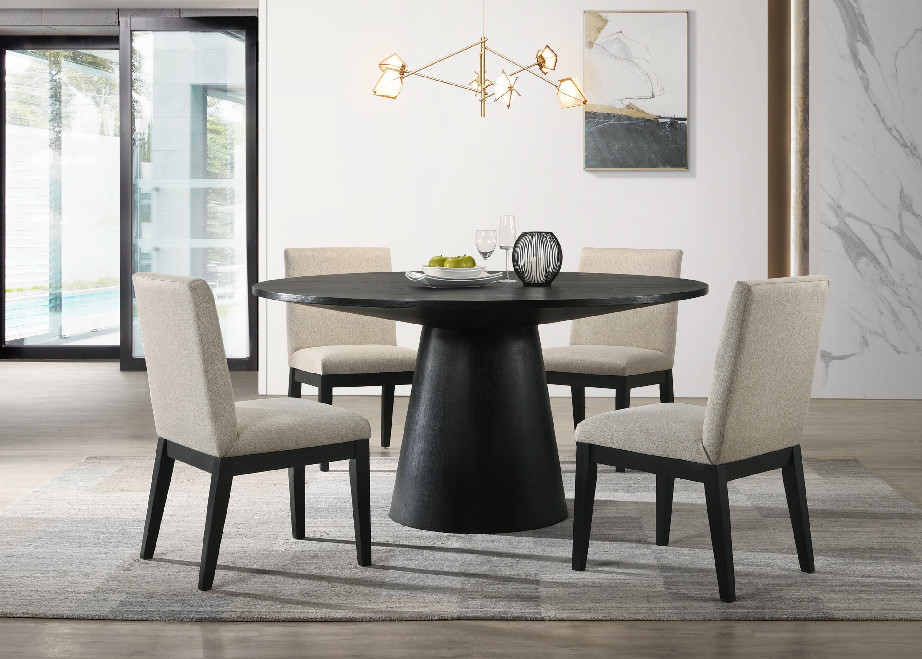 Jasper Ebony Black 5-Piece Contemporary Round Dining Set - 59" Wide Table with Beige Fabric Chairs-American Furniture Outlet