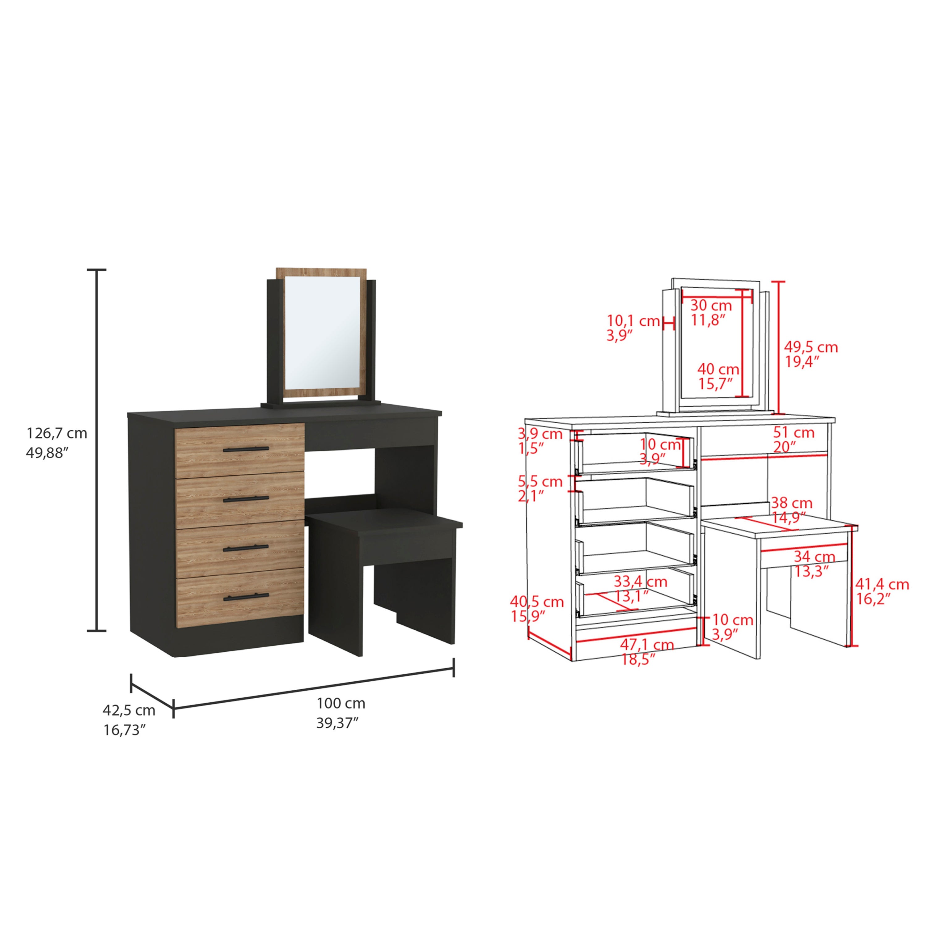 Kaia Vanity Set: 4 Drawers, Mirror, Stool (Black/Pine)-American Furniture Outlet