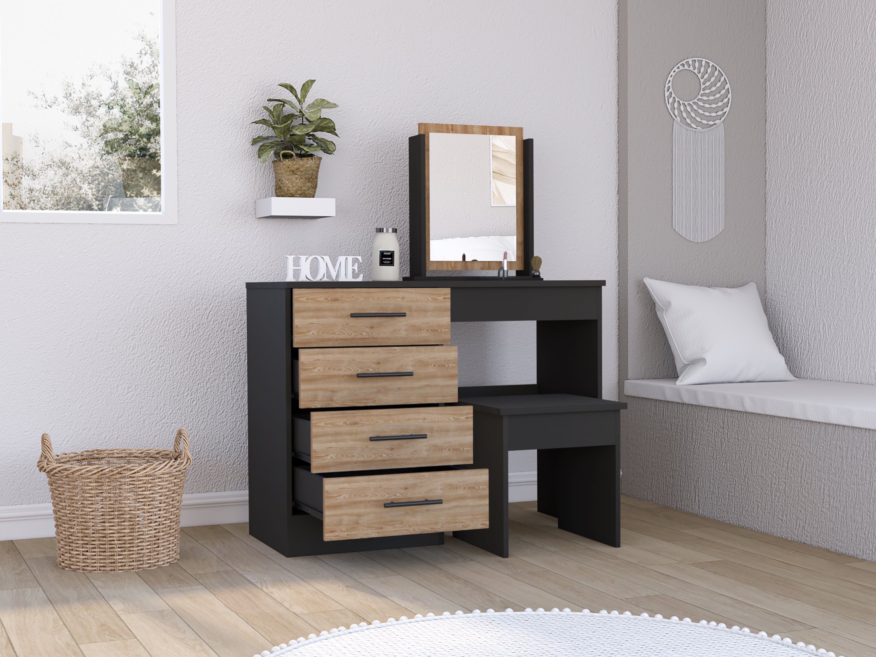 Kaia Vanity Set: 4 Drawers, Mirror, Stool (Black/Pine)-American Furniture Outlet