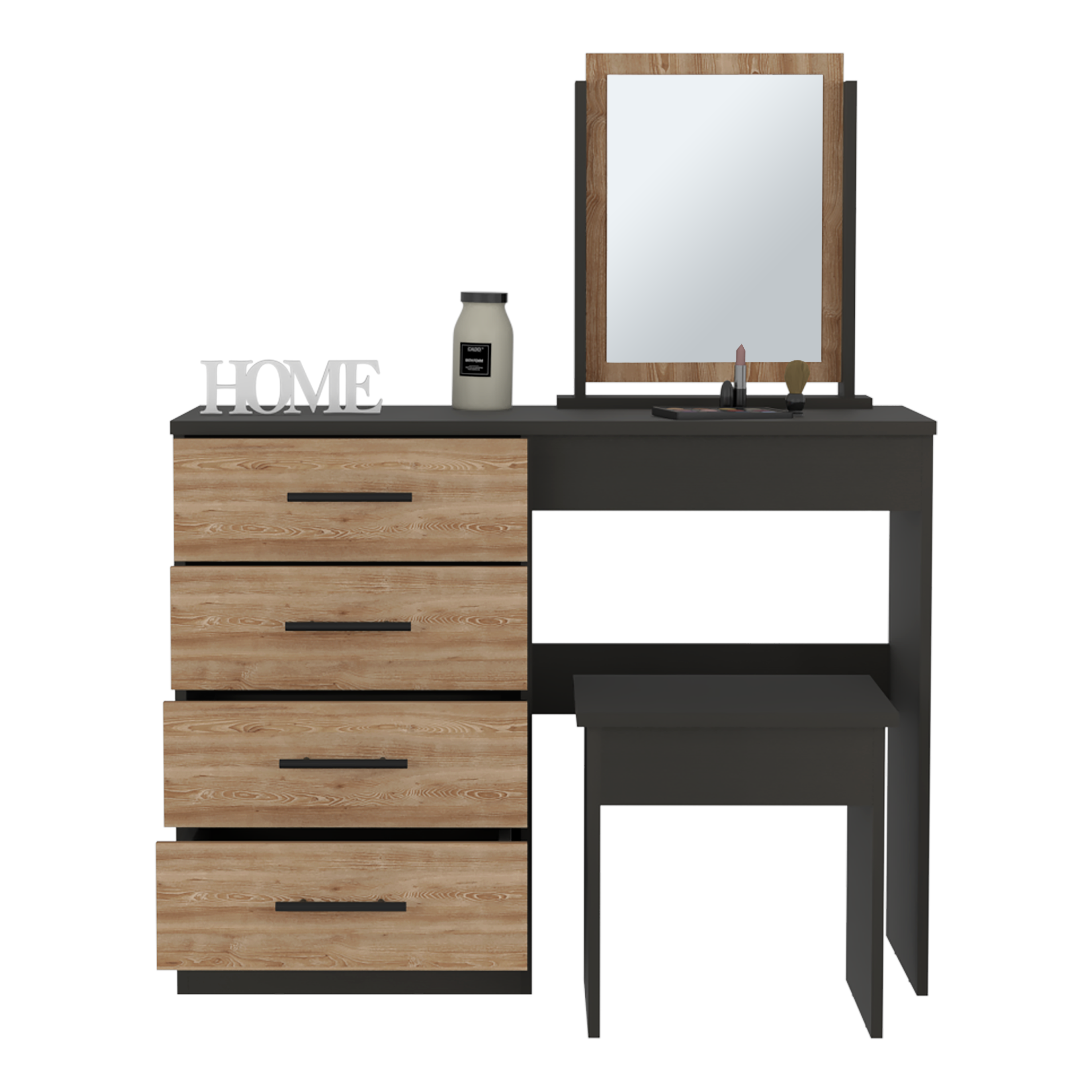 Kaia Vanity Set: 4 Drawers, Mirror, Stool (Black/Pine)-American Furniture Outlet