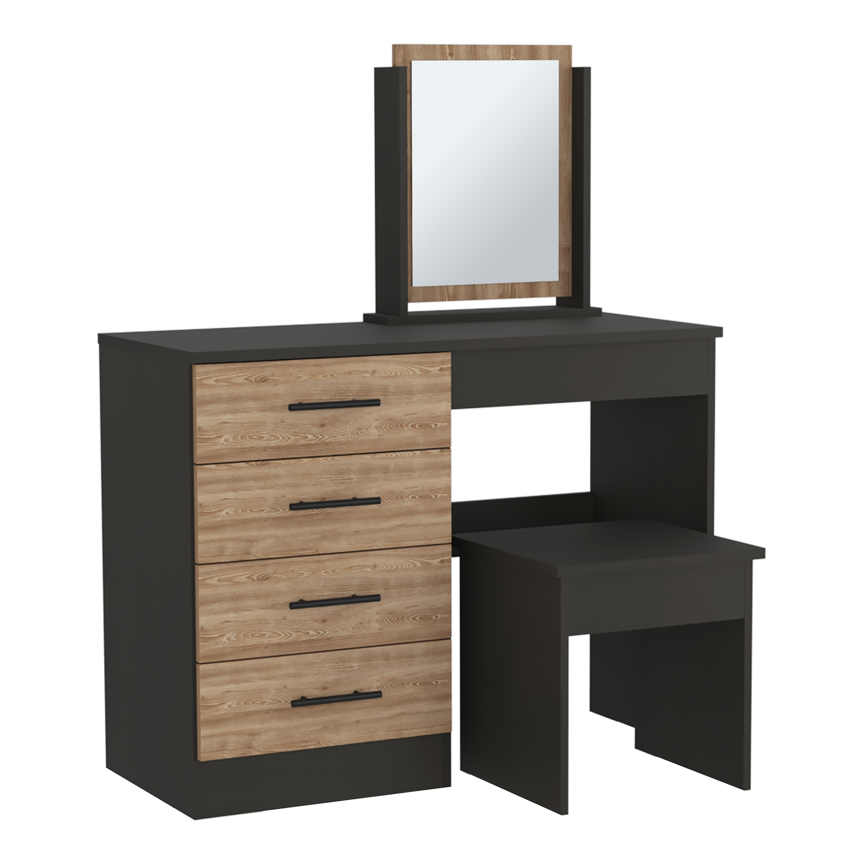 Kaia Vanity Set: 4 Drawers, Mirror, Stool (Black/Pine)-American Furniture Outlet