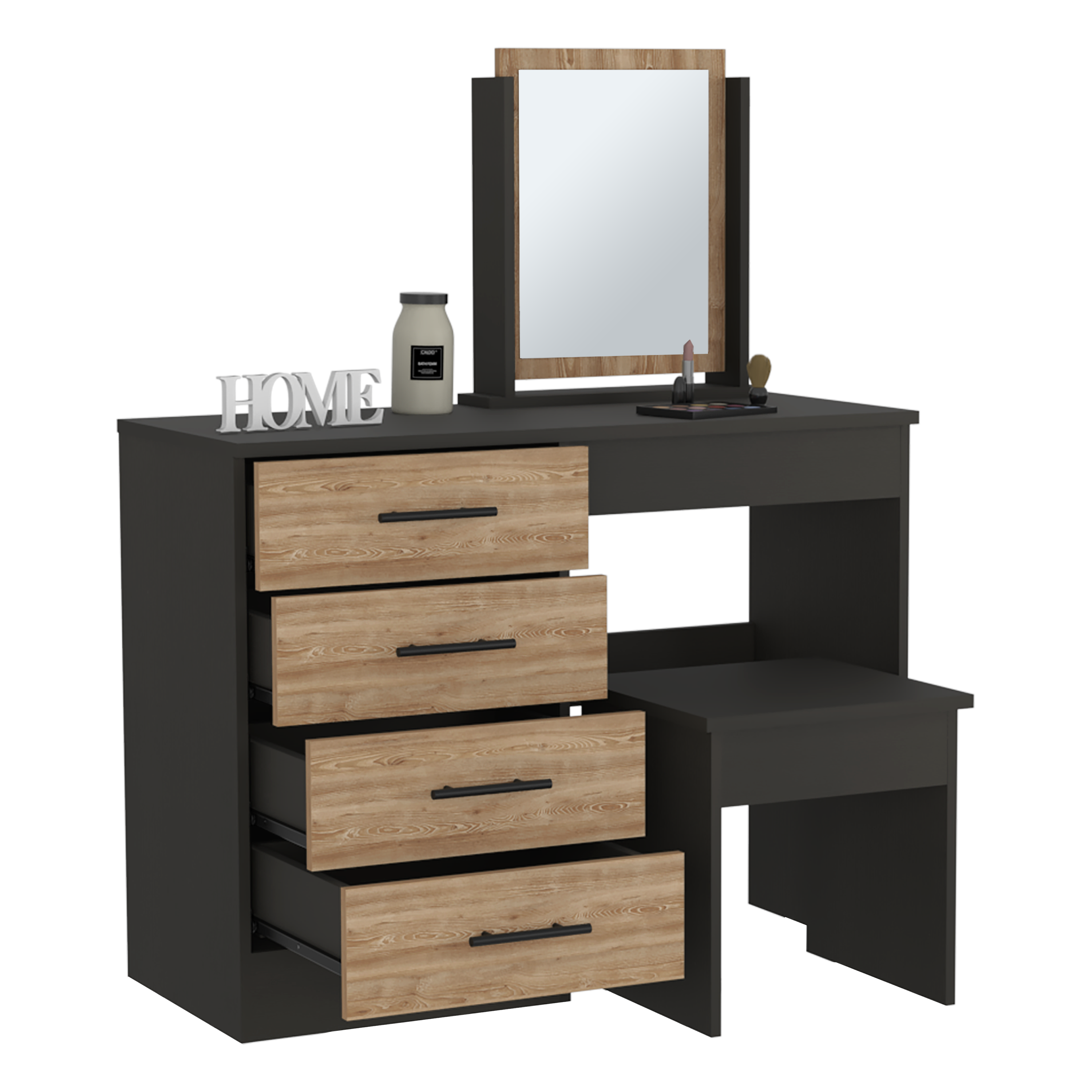 Kaia Vanity Set: 4 Drawers, Mirror, Stool (Black/Pine)-American Furniture Outlet