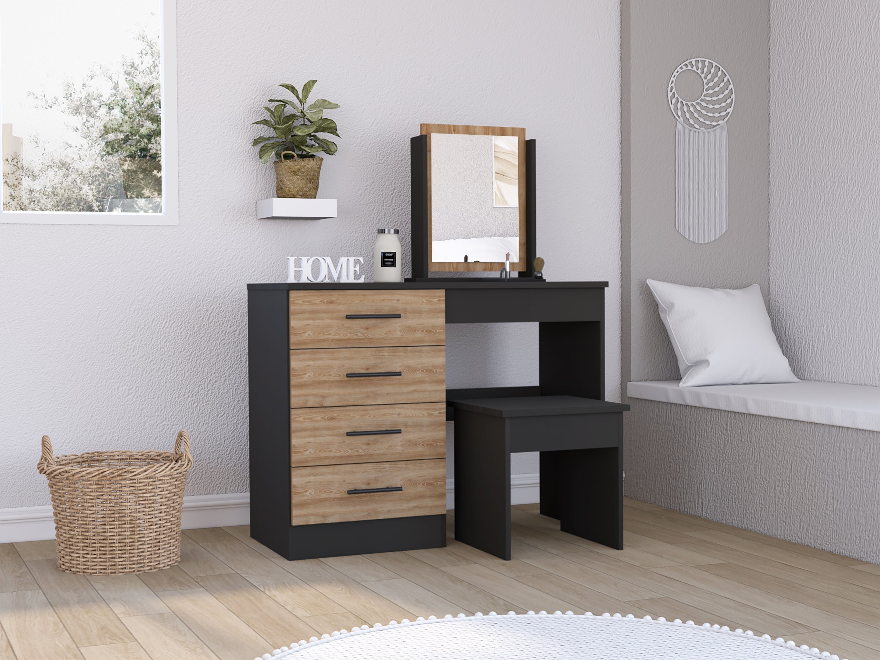 Kaia Vanity Set: 4 Drawers, Mirror, Stool (Black/Pine)-American Furniture Outlet