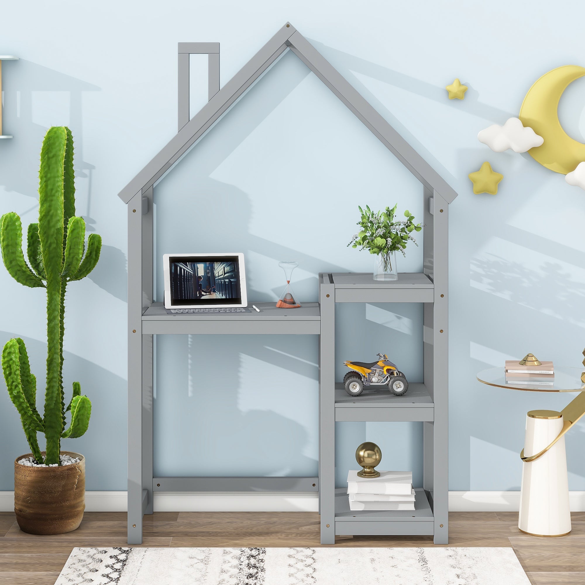 Kids House Desk: Study Table, Bookshelf, Toy Storage, Grey-American Furniture Outlet