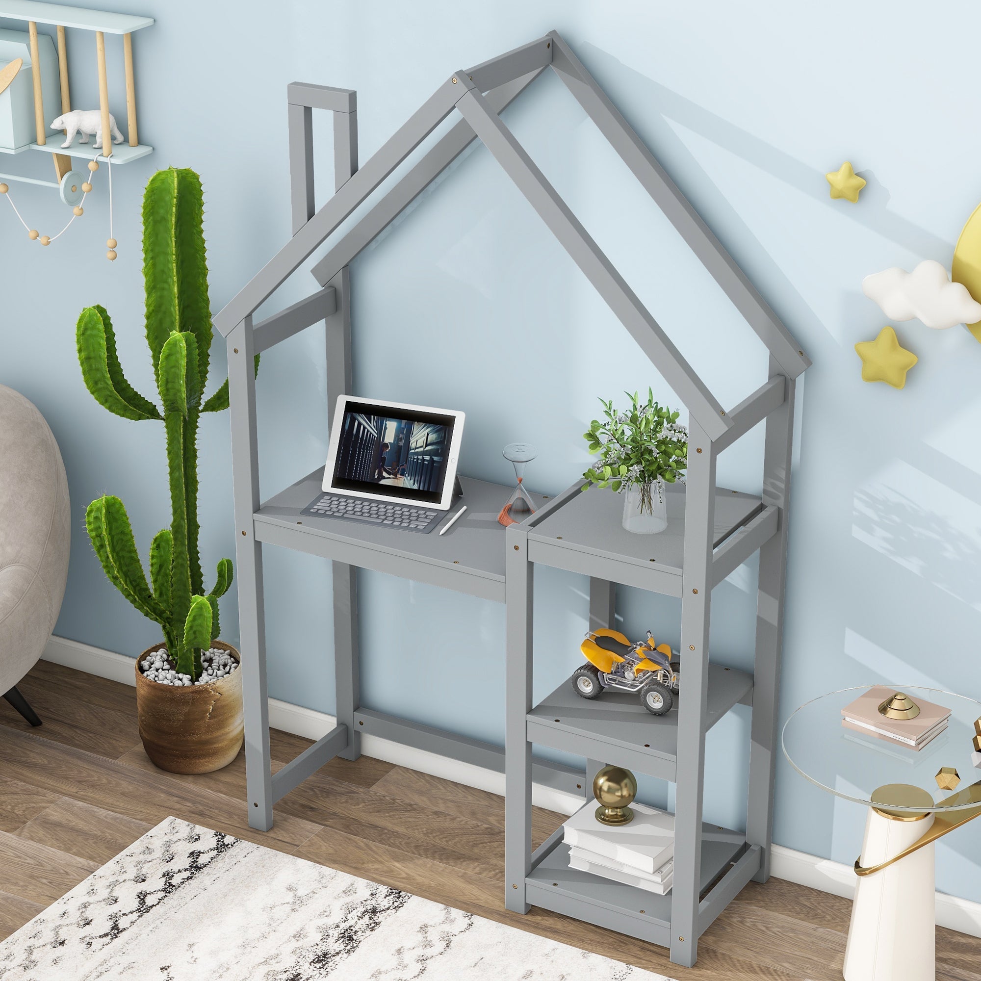 Kids House Desk: Study Table, Bookshelf, Toy Storage, Grey-American Furniture Outlet