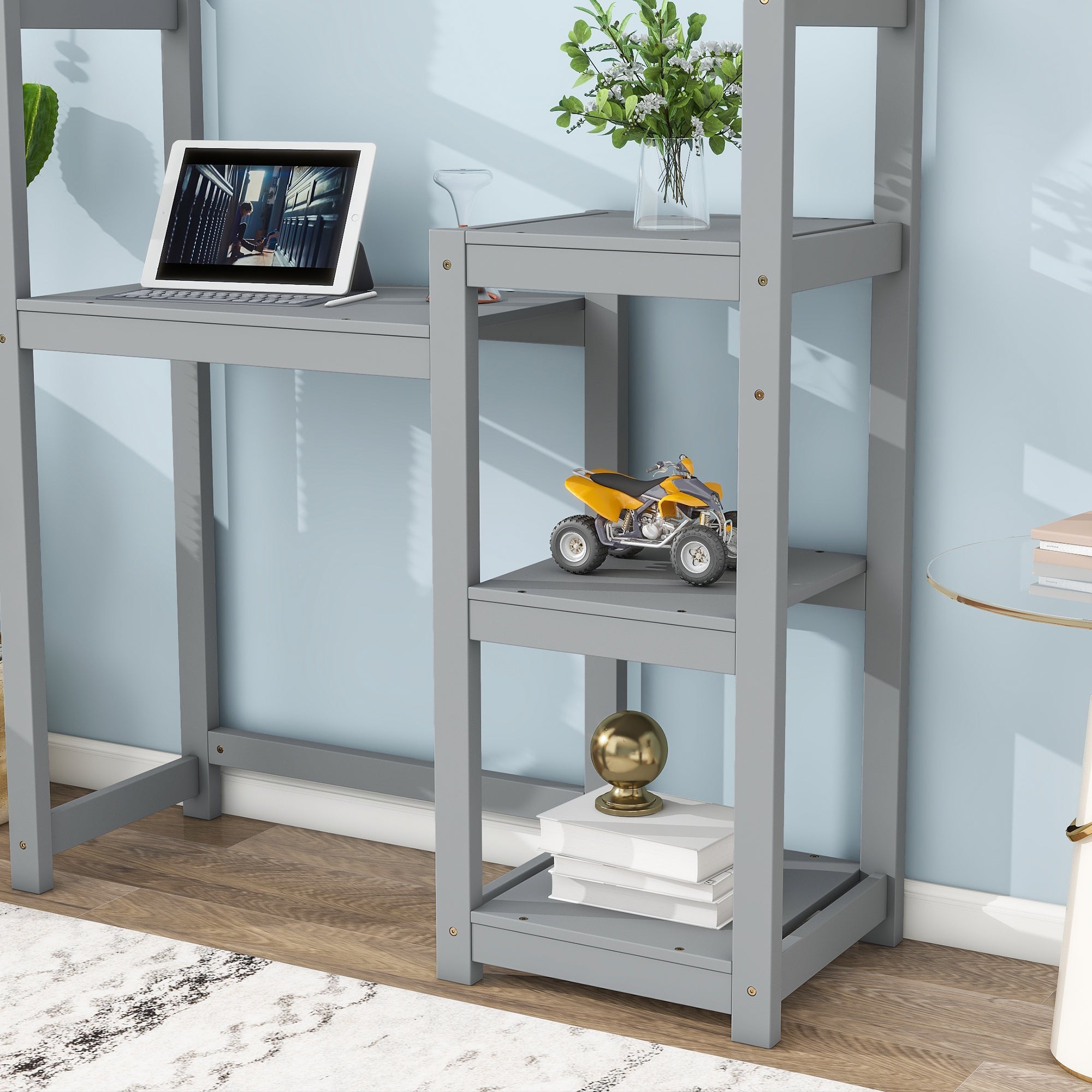 Kids House Desk: Study Table, Bookshelf, Toy Storage, Grey-American Furniture Outlet
