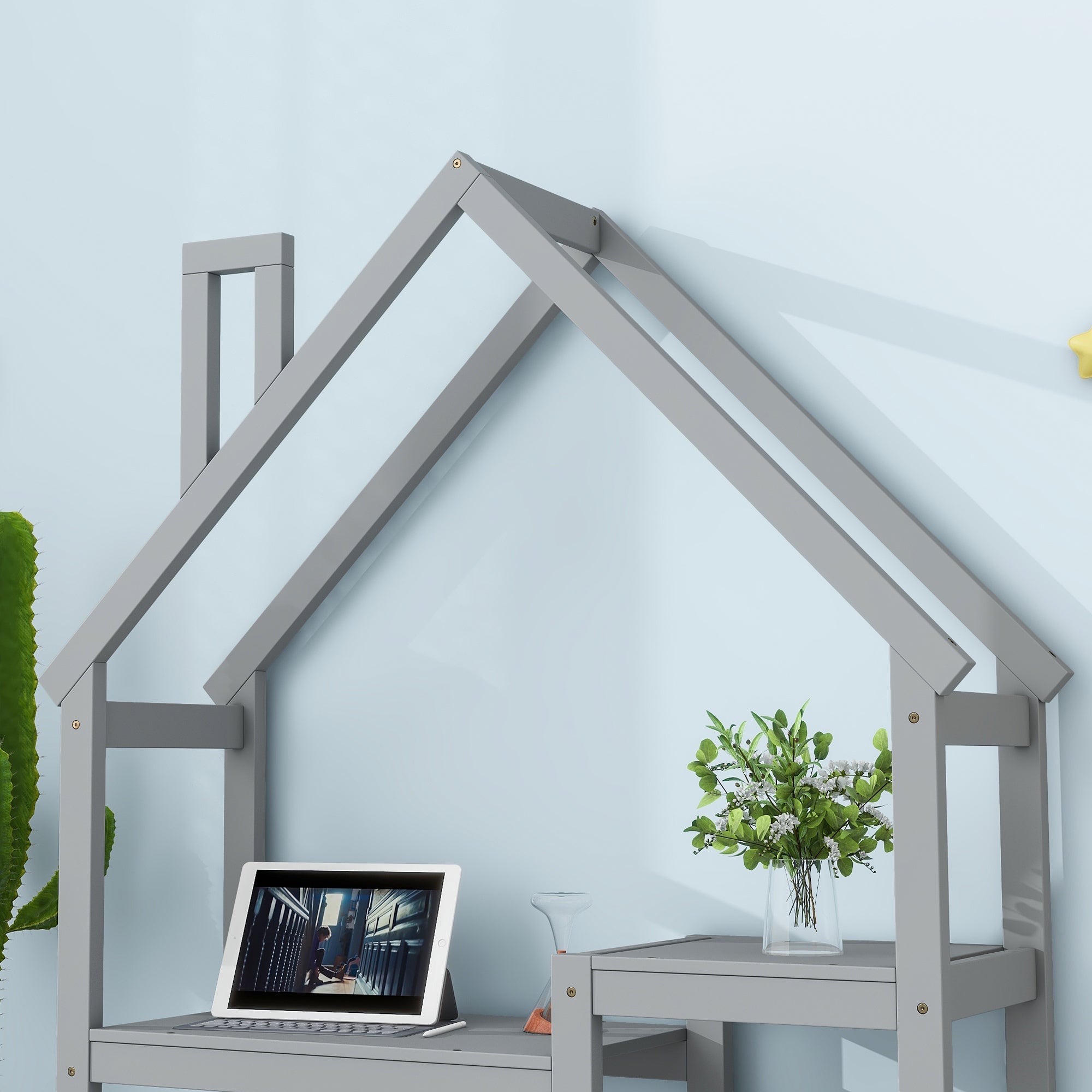 Kids House Desk: Study Table, Bookshelf, Toy Storage, Grey-American Furniture Outlet