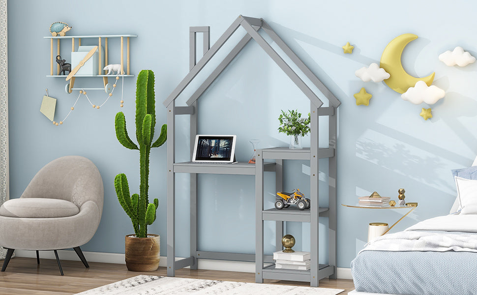 Kids House Desk: Study Table, Bookshelf, Toy Storage, Grey-American Furniture Outlet
