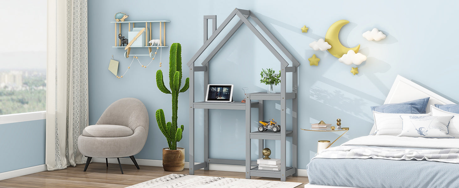 Kids House Desk: Study Table, Bookshelf, Toy Storage, Grey-American Furniture Outlet