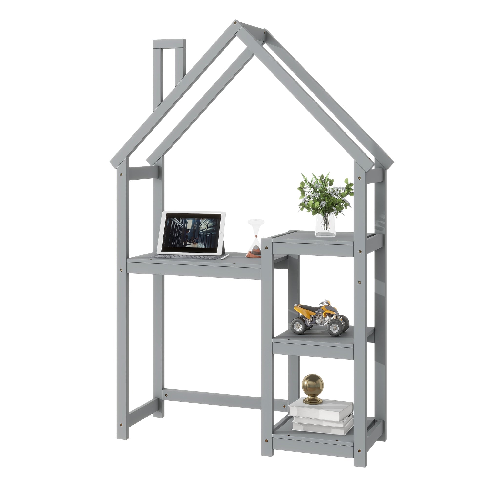 Kids House Desk: Study Table, Bookshelf, Toy Storage, Grey-American Furniture Outlet