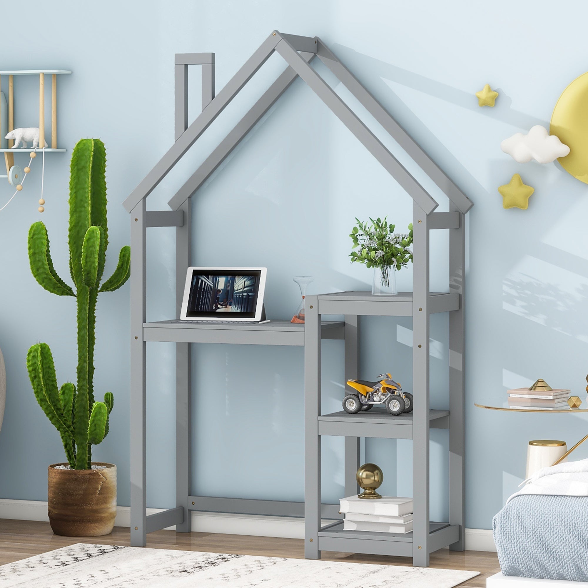 Kids House Desk: Study Table, Bookshelf, Toy Storage, Grey-American Furniture Outlet