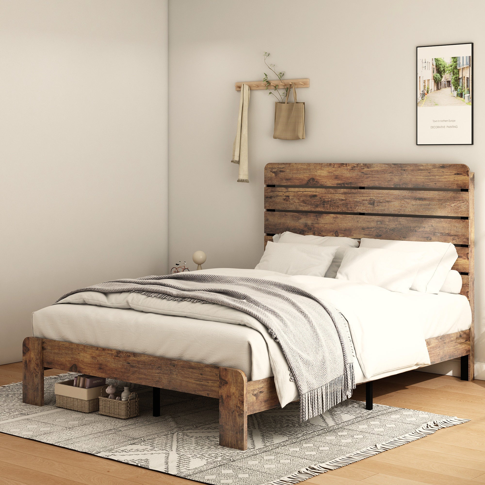 King Size Platform Bed Frame, Wood, No Box Spring Needed-American Furniture Outlet