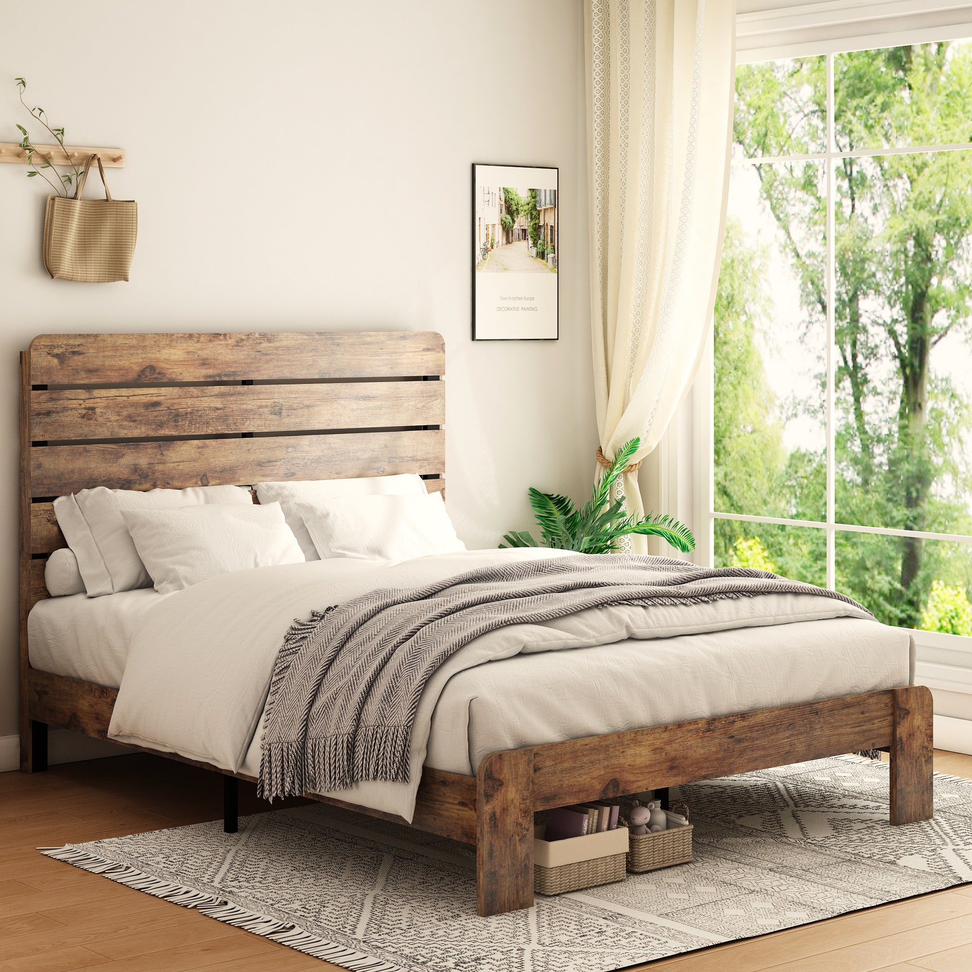 King Size Platform Bed Frame, Wood, No Box Spring Needed-American Furniture Outlet