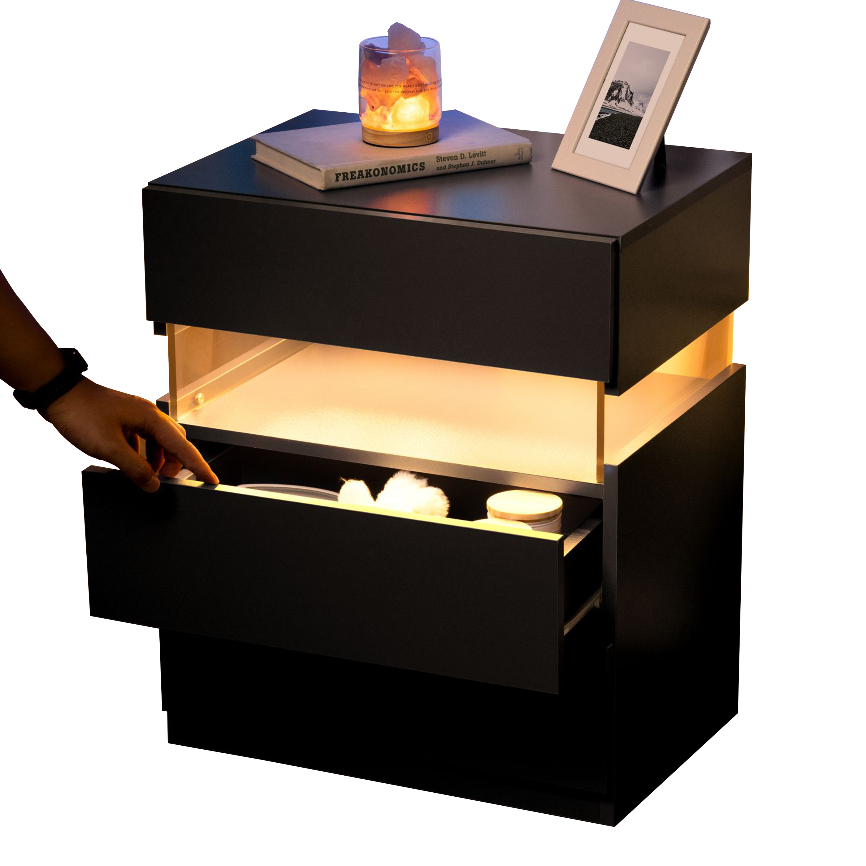 LED Nightstand 3 Drawer Dresser w/ Acrylic Board (Black)-American Furniture Outlet