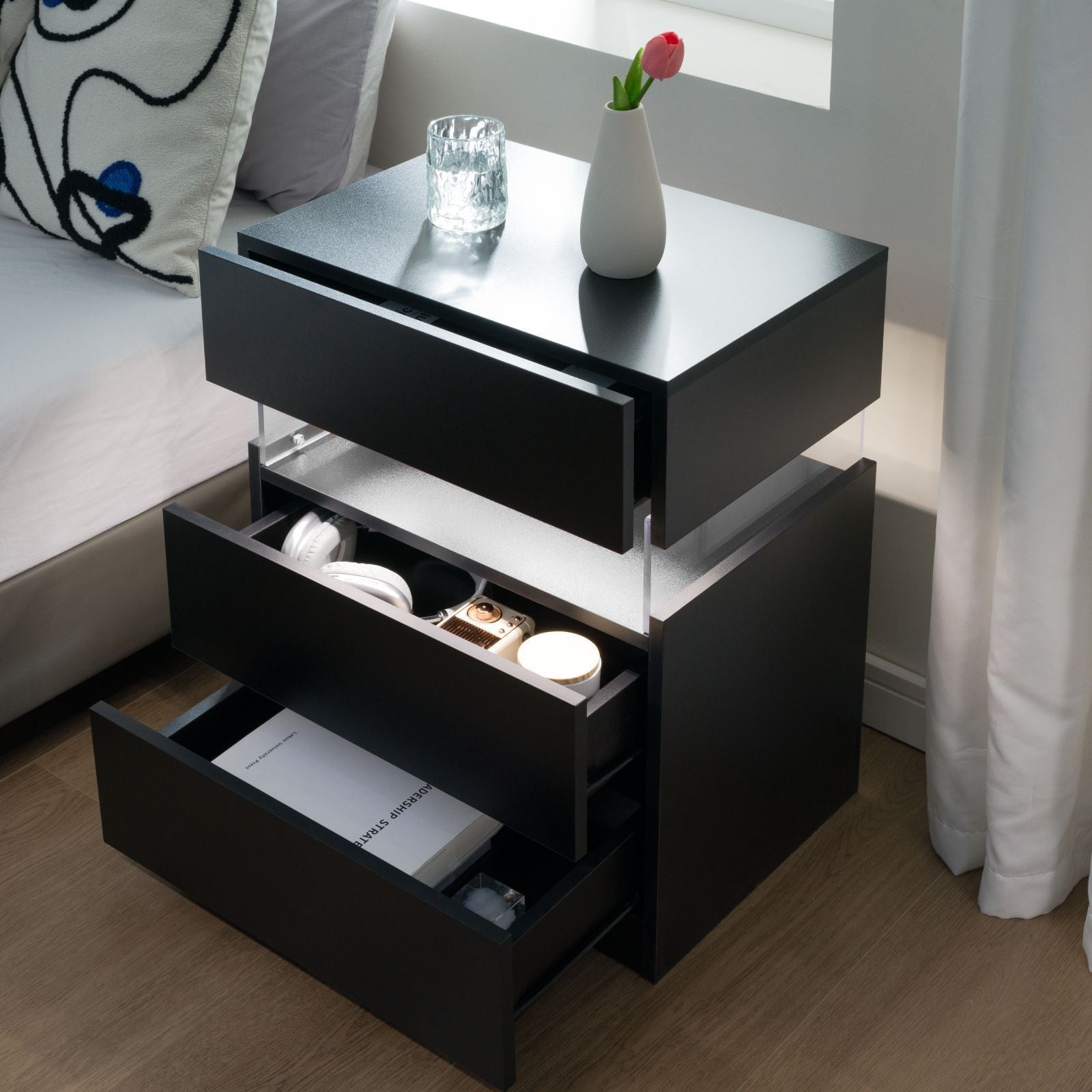 LED Nightstand 3 Drawer Dresser w/ Acrylic Board (Black)-American Furniture Outlet