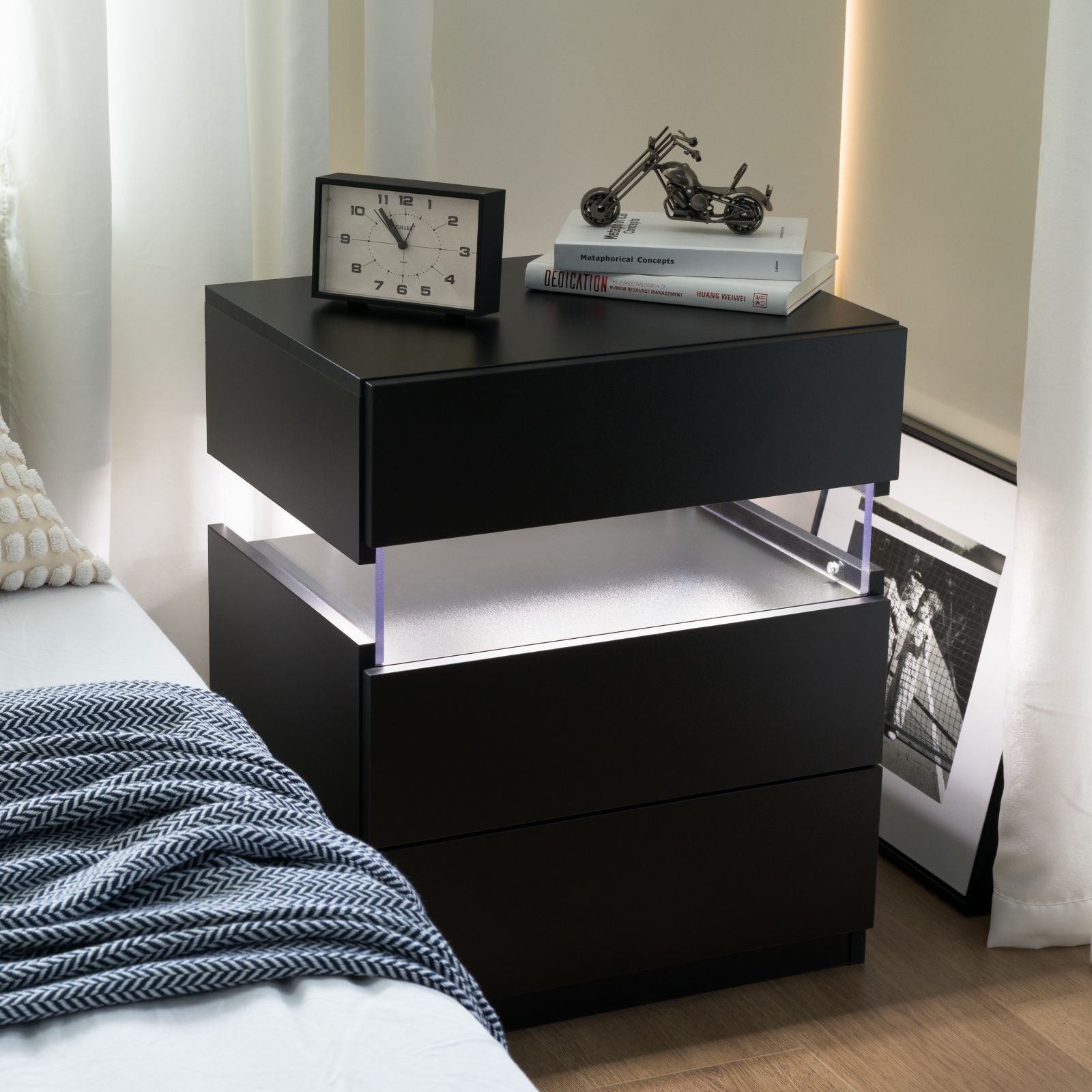 LED Nightstand 3 Drawer Dresser w/ Acrylic Board (Black)-American Furniture Outlet