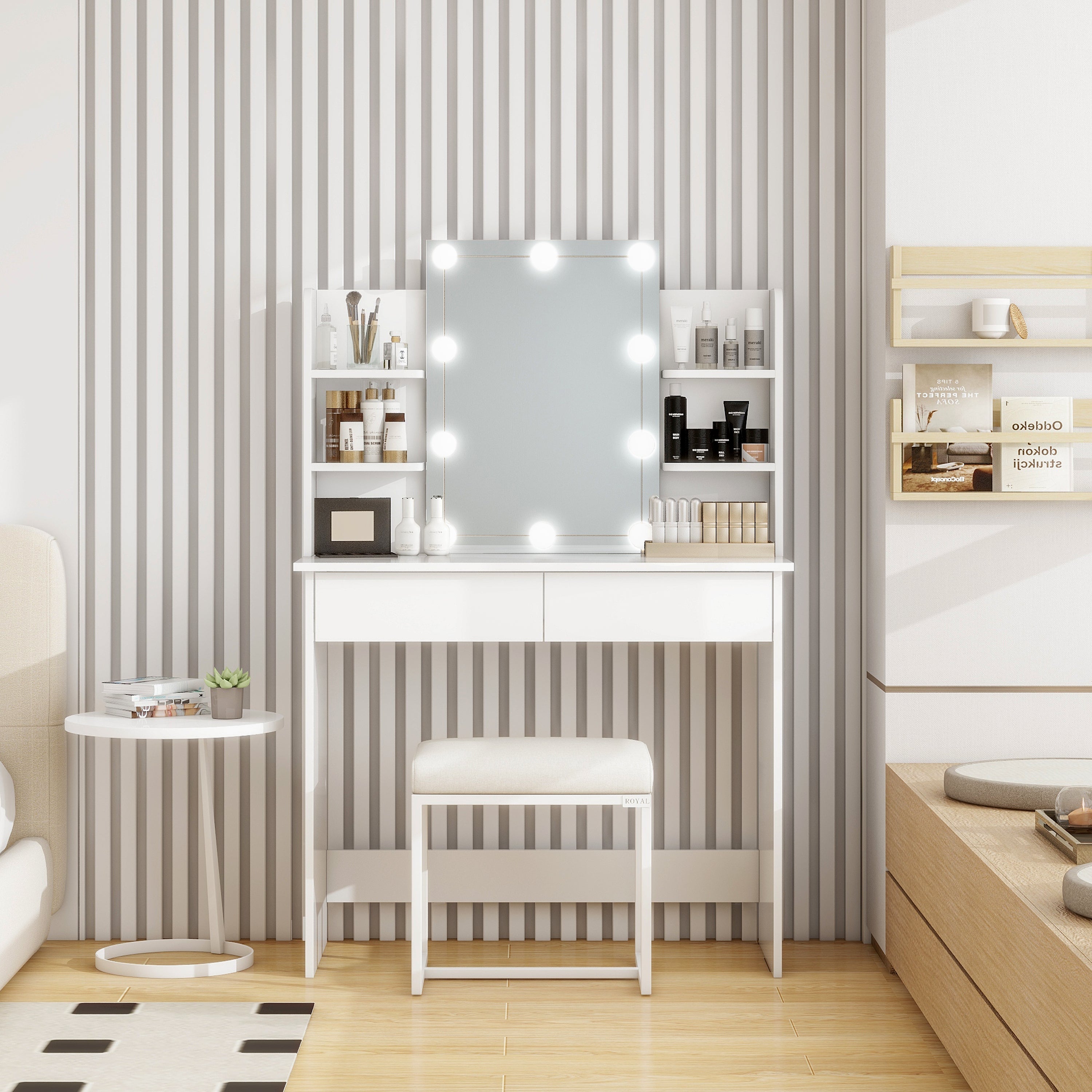 LED Vanity Desk w/ Mirror & Drawers - White-American Furniture Outlet