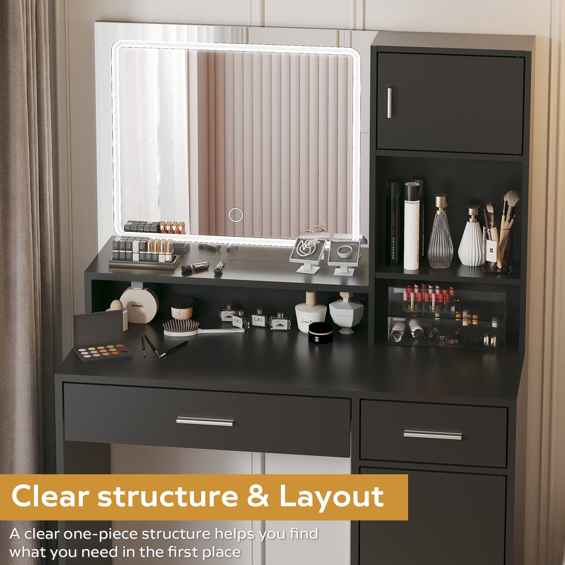 LED Vanity Desk w/ Mirror & Storage - Black-American Furniture Outlet