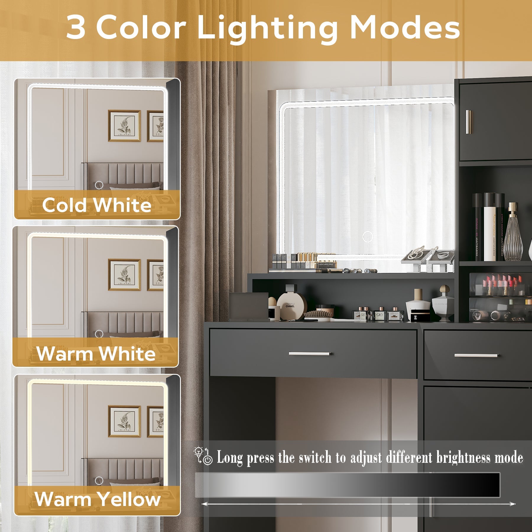 LED Vanity Desk w/ Mirror & Storage - Black-American Furniture Outlet