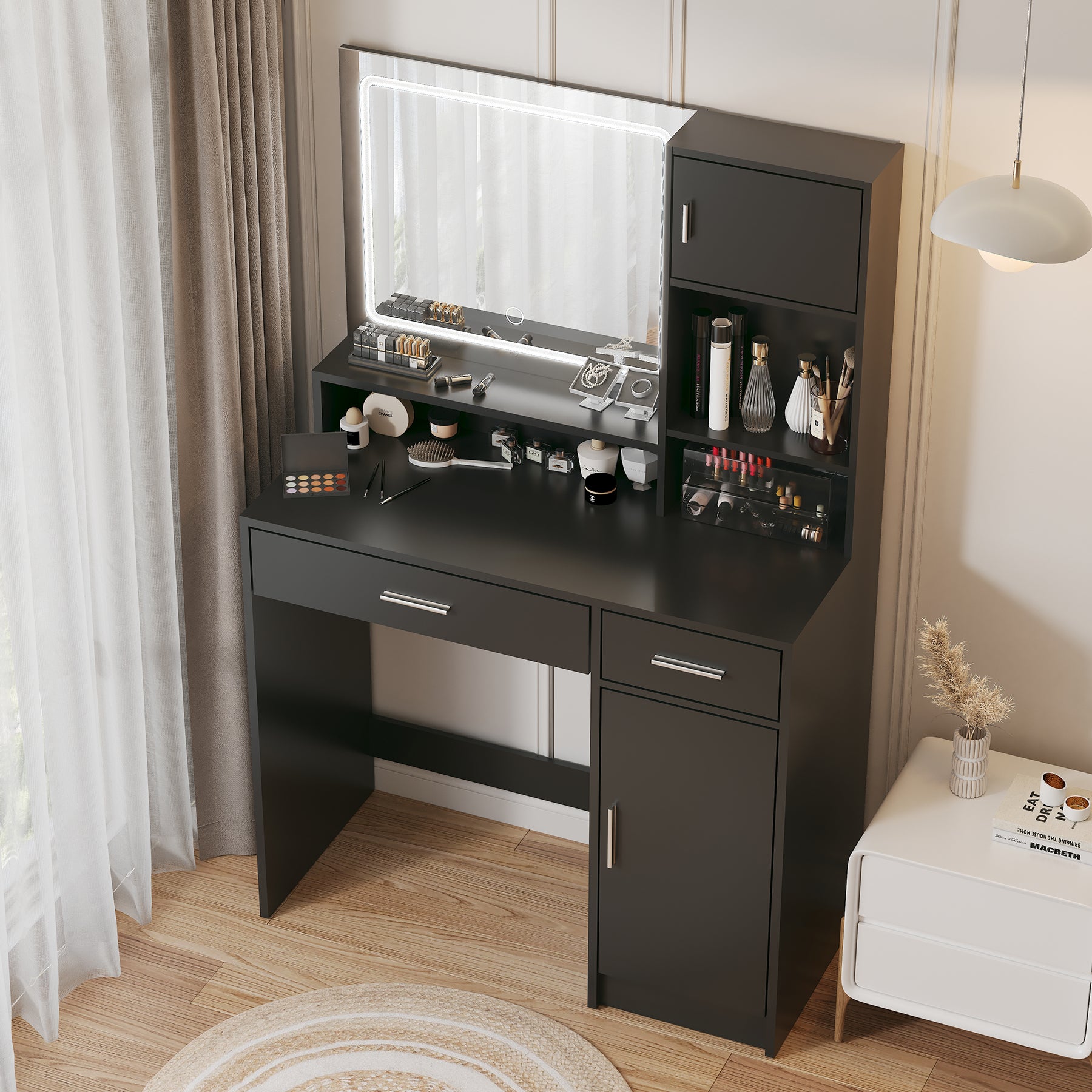 LED Vanity Desk w/ Mirror & Storage - Black-American Furniture Outlet