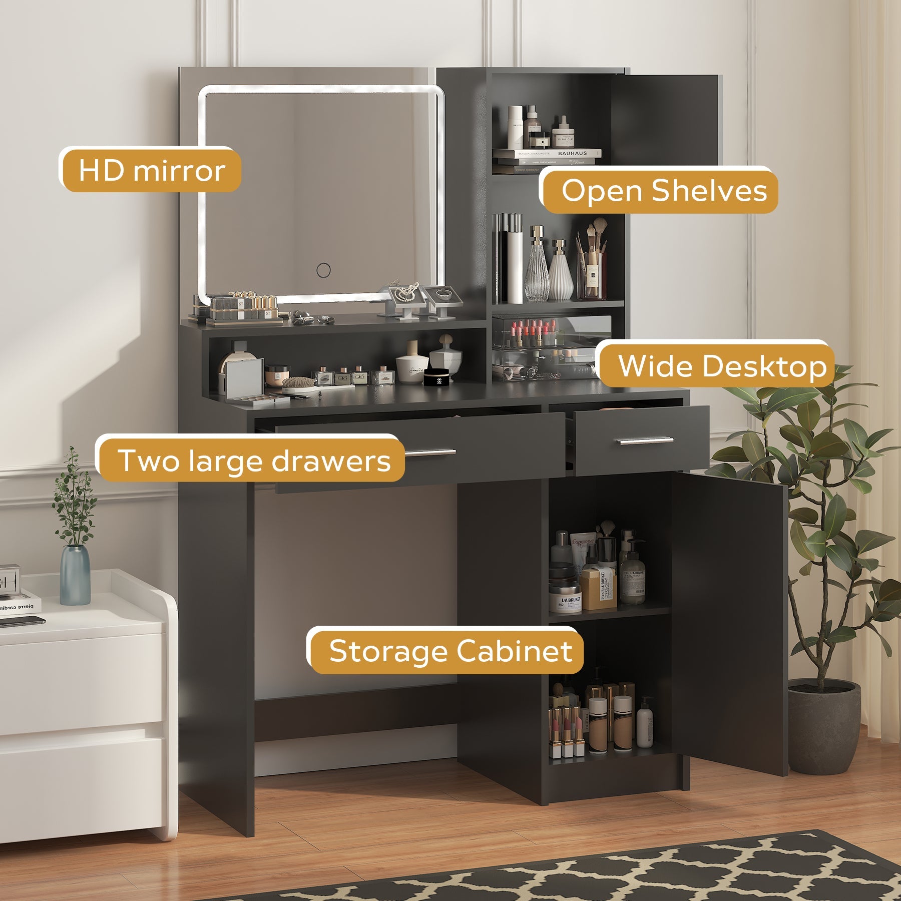 LED Vanity Desk w/ Mirror & Storage - Black-American Furniture Outlet
