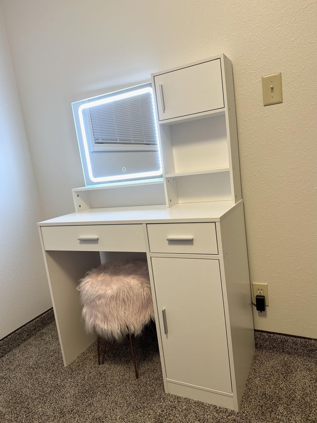 LED Vanity Desk w/ Mirror & Storage - White-American Furniture Outlet