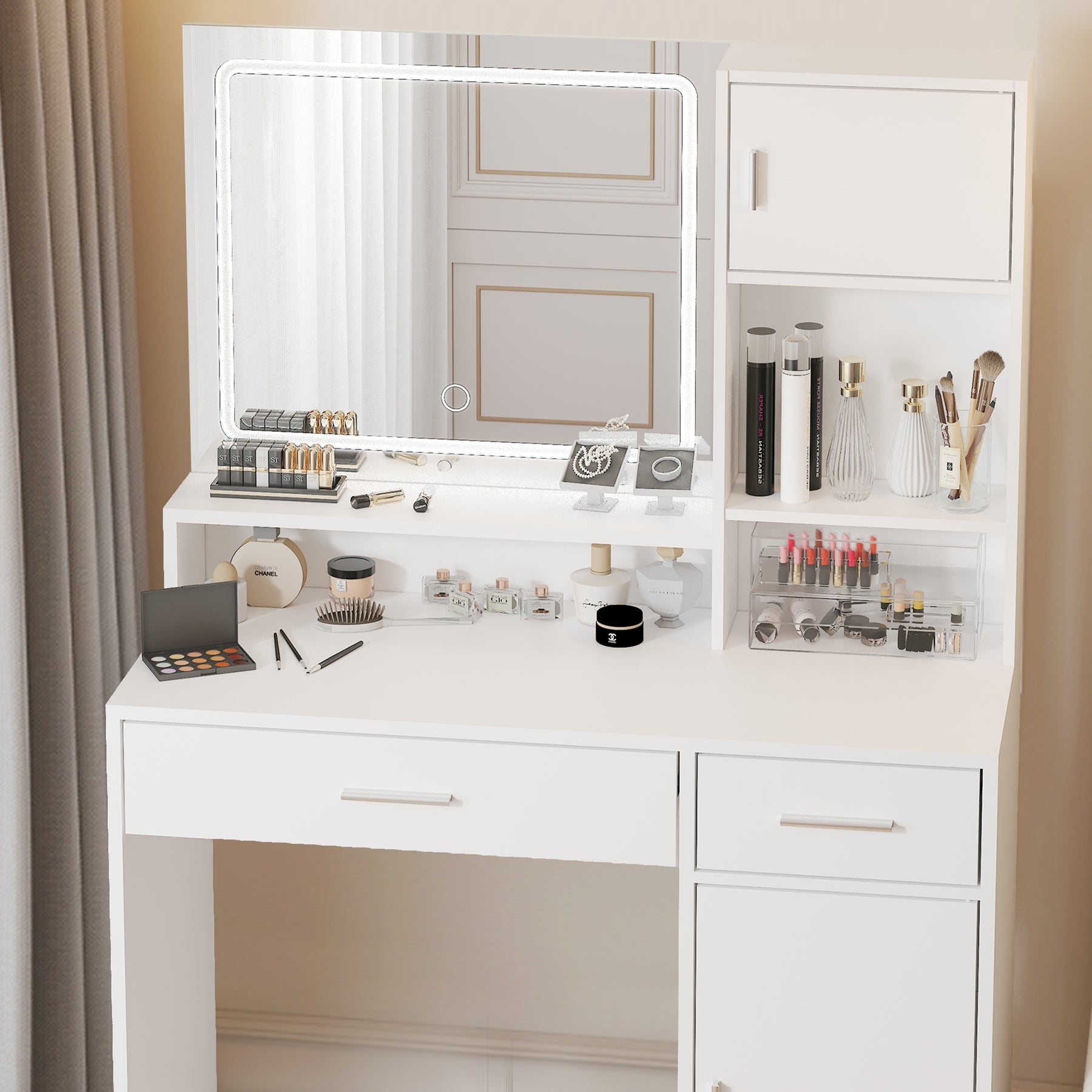 LED Vanity Desk w/ Mirror & Storage - White-American Furniture Outlet