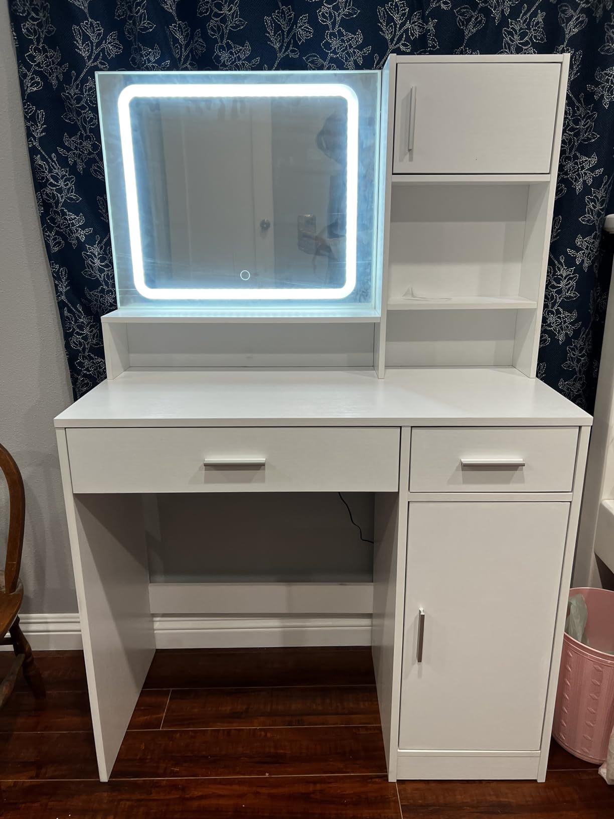 LED Vanity Desk w/ Mirror & Storage - White-American Furniture Outlet