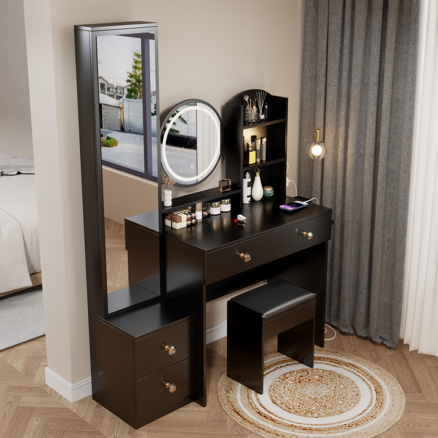 LED Vanity Mirror with Stool - Hollywood Style Makeup Vanity-American Furniture Outlet