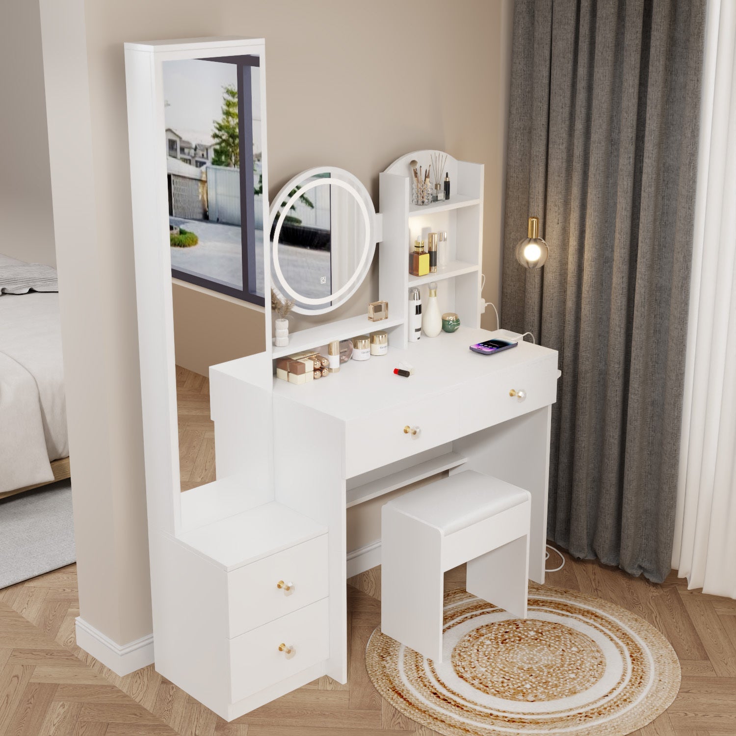 LED Vanity Set w/ Full Body Mirror & Stool-American Furniture Outlet