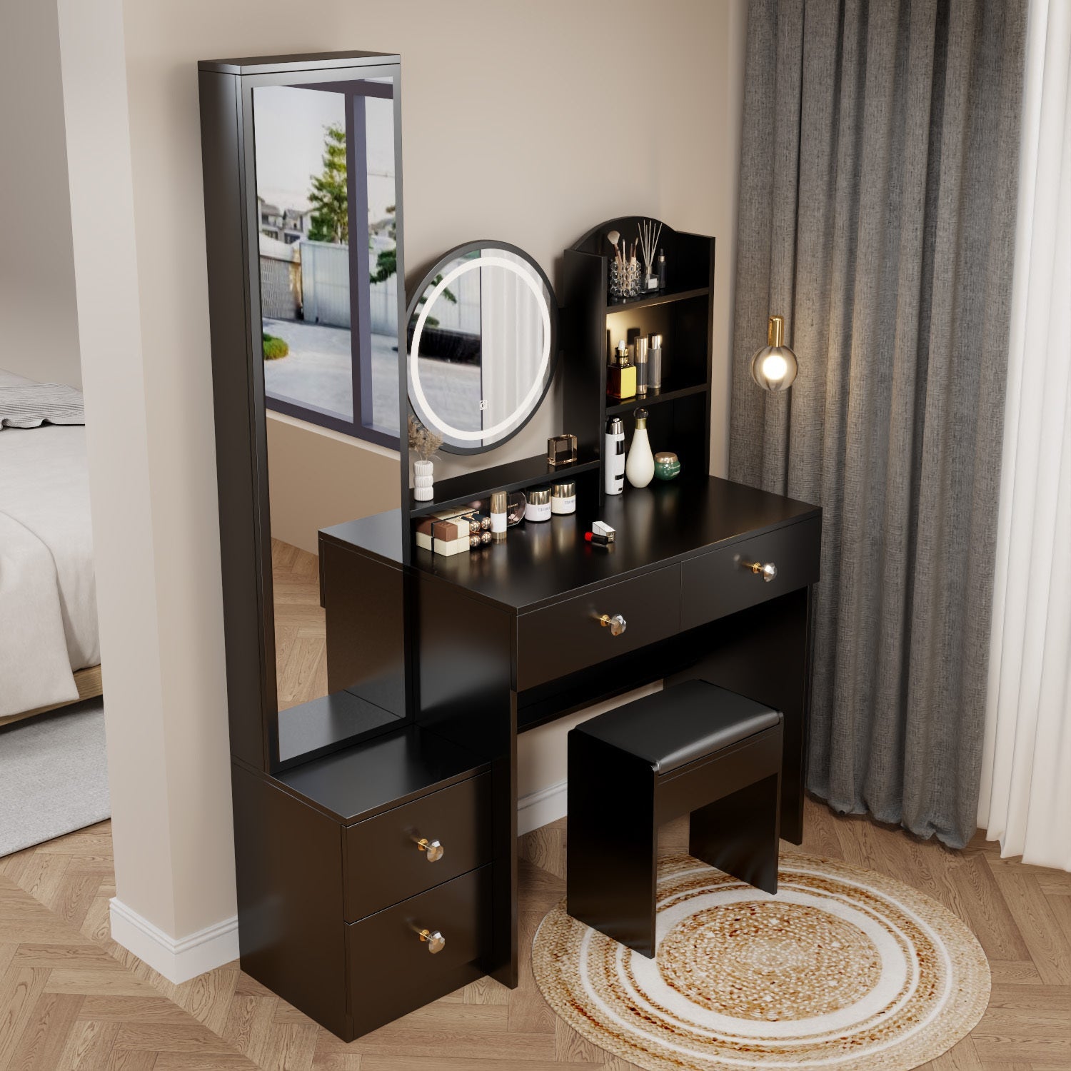 LED Vanity Set w/ Full Body Mirror & Stool-American Furniture Outlet