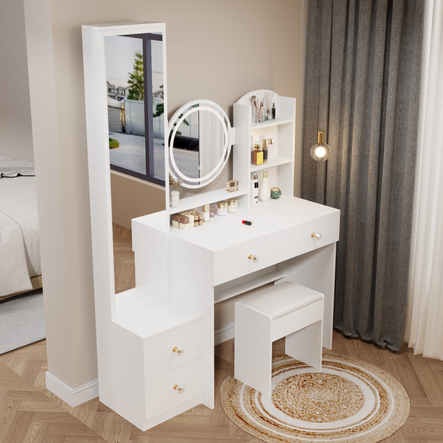 LED Vanity Set w/ Full Body Mirror & Stool-American Furniture Outlet