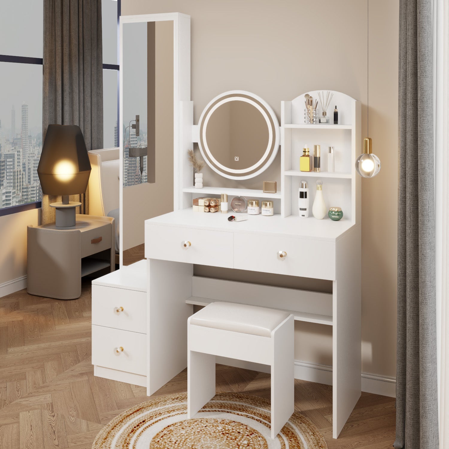 LED Vanity Set w/ Full Body Mirror & Stool-American Furniture Outlet