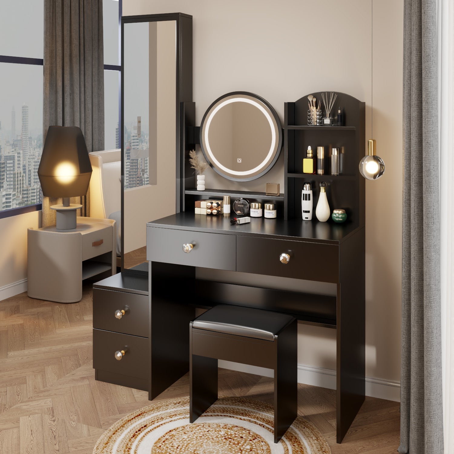 LED Vanity Set w/ Full Body Mirror & Stool-American Furniture Outlet