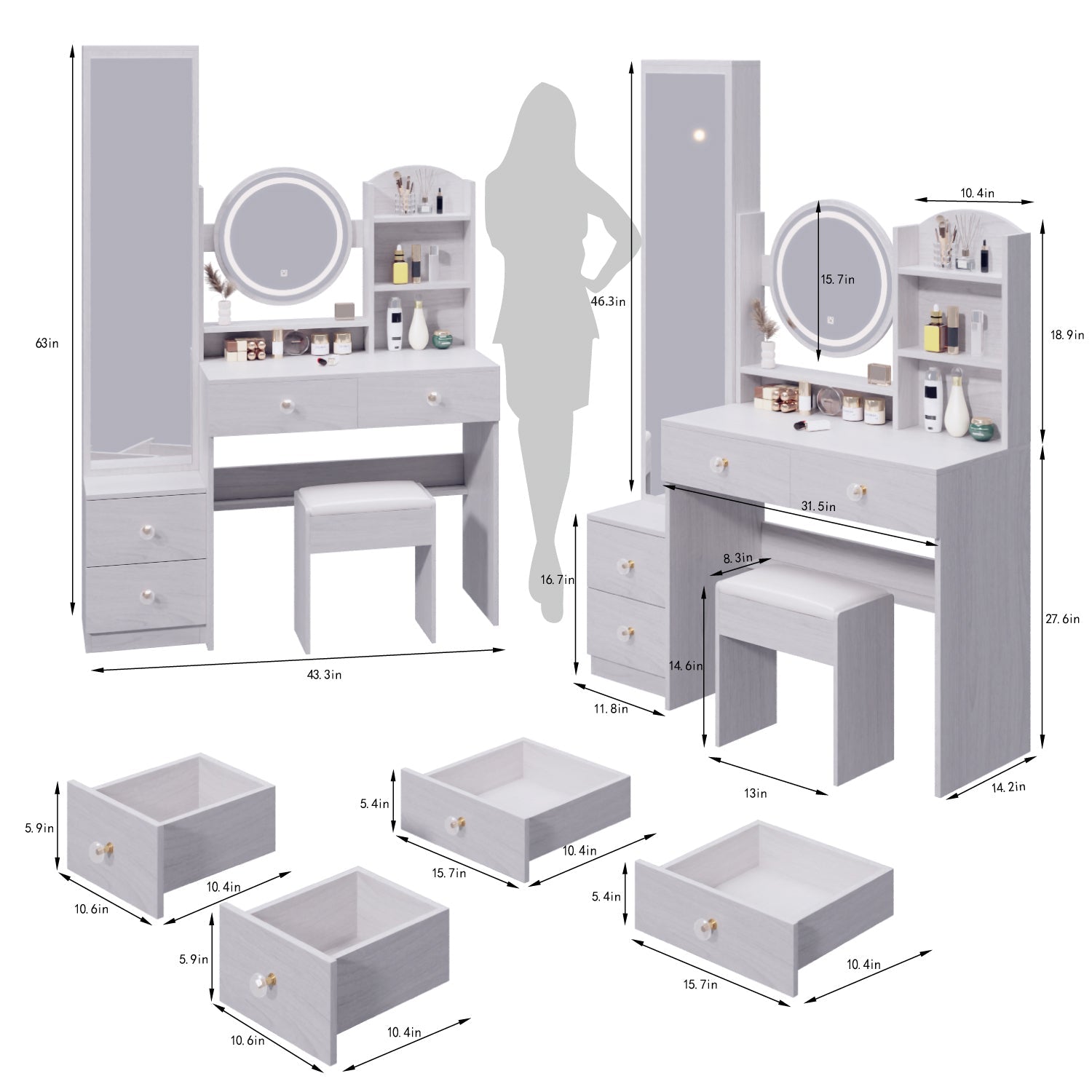 LED Vanity Set w/ Full Body Mirror & Stool-American Furniture Outlet