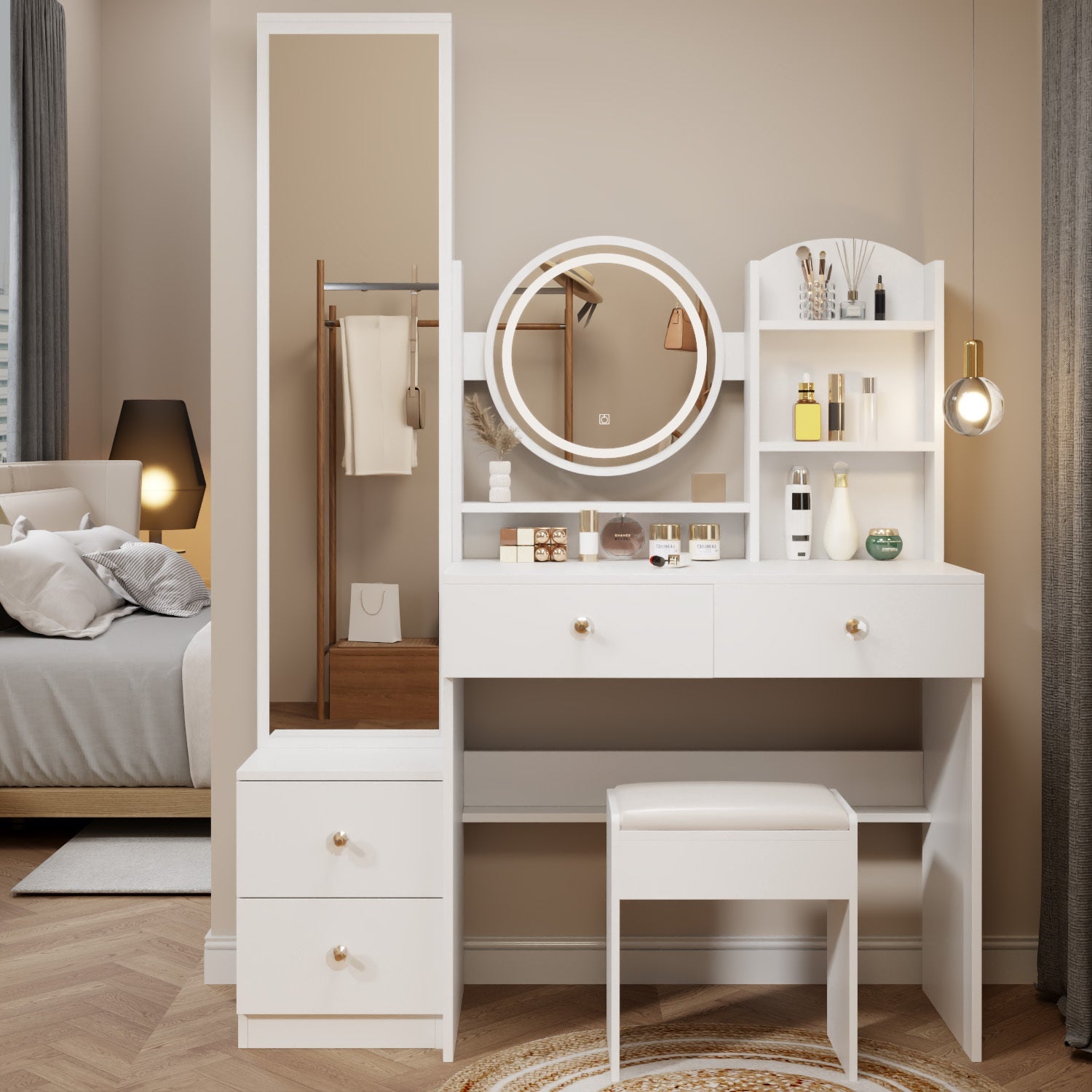 LED Vanity Set w/ Full Body Mirror & Stool-American Furniture Outlet