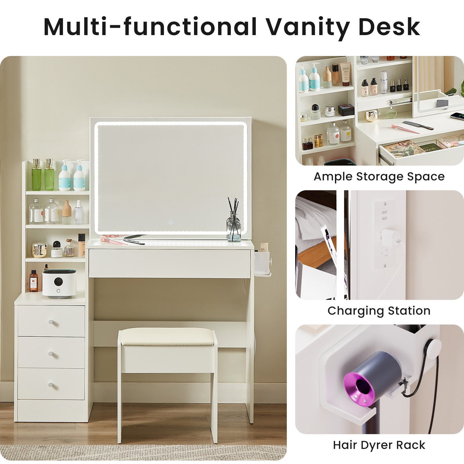 LED Vanity Table Set w/ Mirror, 4 Drawers, Stool - White-American Furniture Outlet