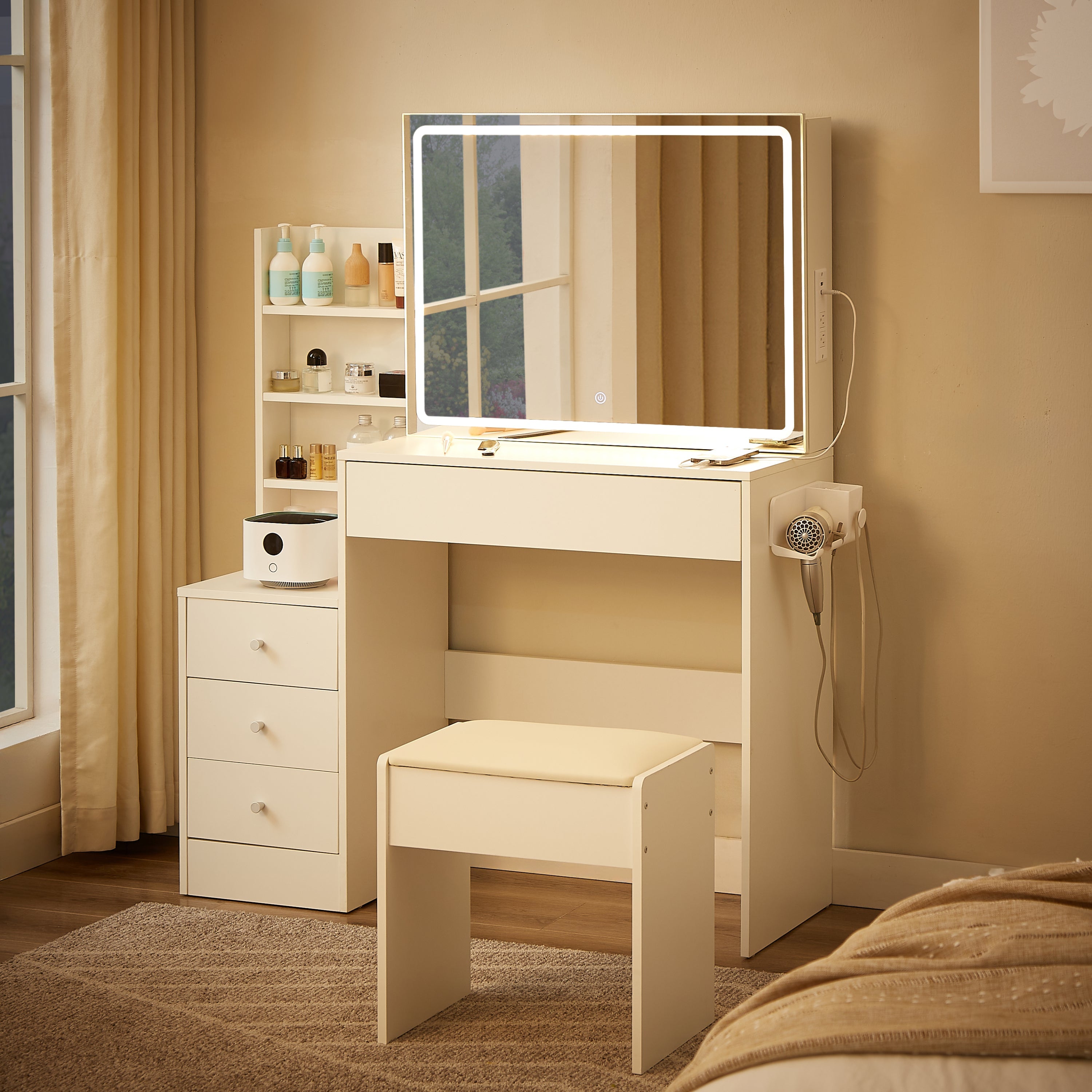 LED Vanity Table Set w/ Mirror, 4 Drawers, Stool - White-American Furniture Outlet