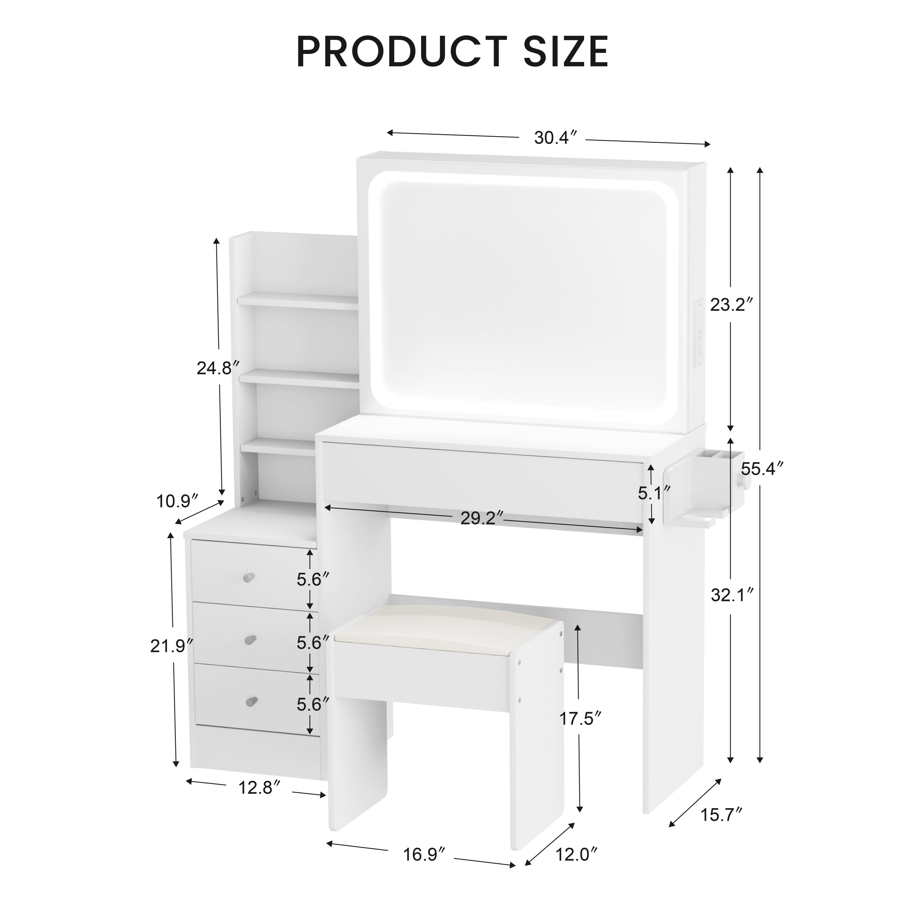 LED Vanity Table Set w/ Mirror, 4 Drawers, Stool - White-American Furniture Outlet