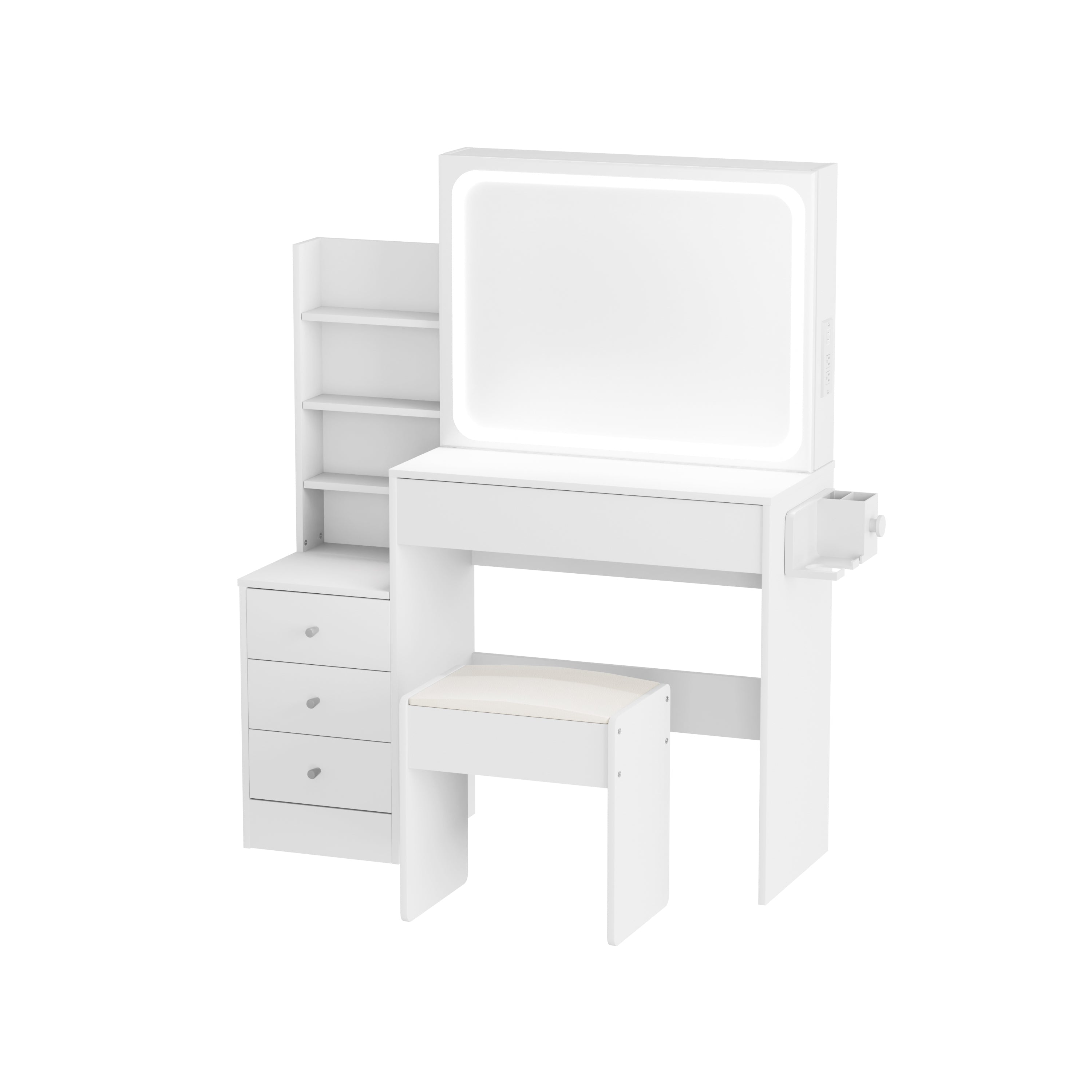 LED Vanity Table Set w/ Mirror, 4 Drawers, Stool - White-American Furniture Outlet