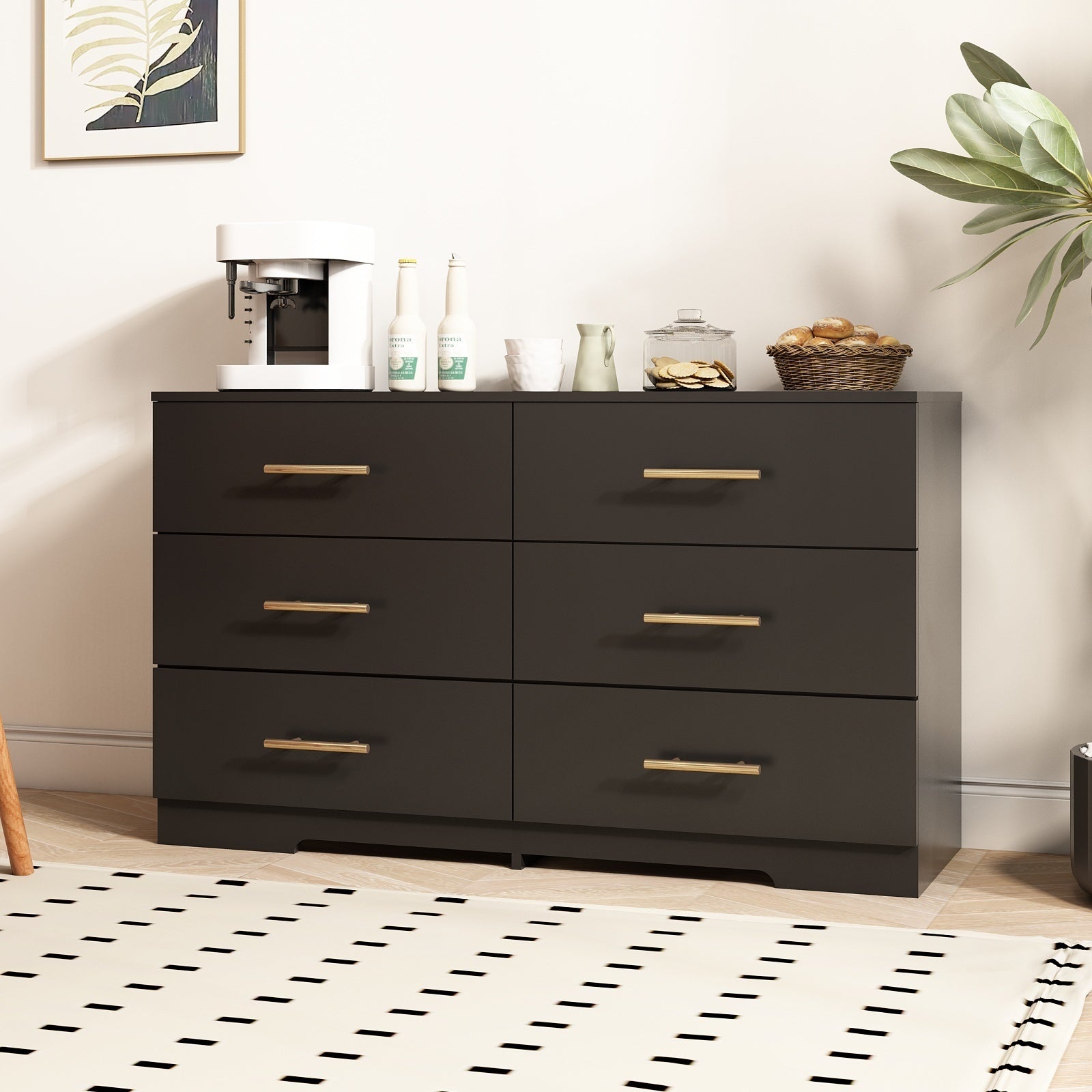 Large 6-Drawer Chest of Drawers Table: Black with Golden Handles-American Furniture Outlet