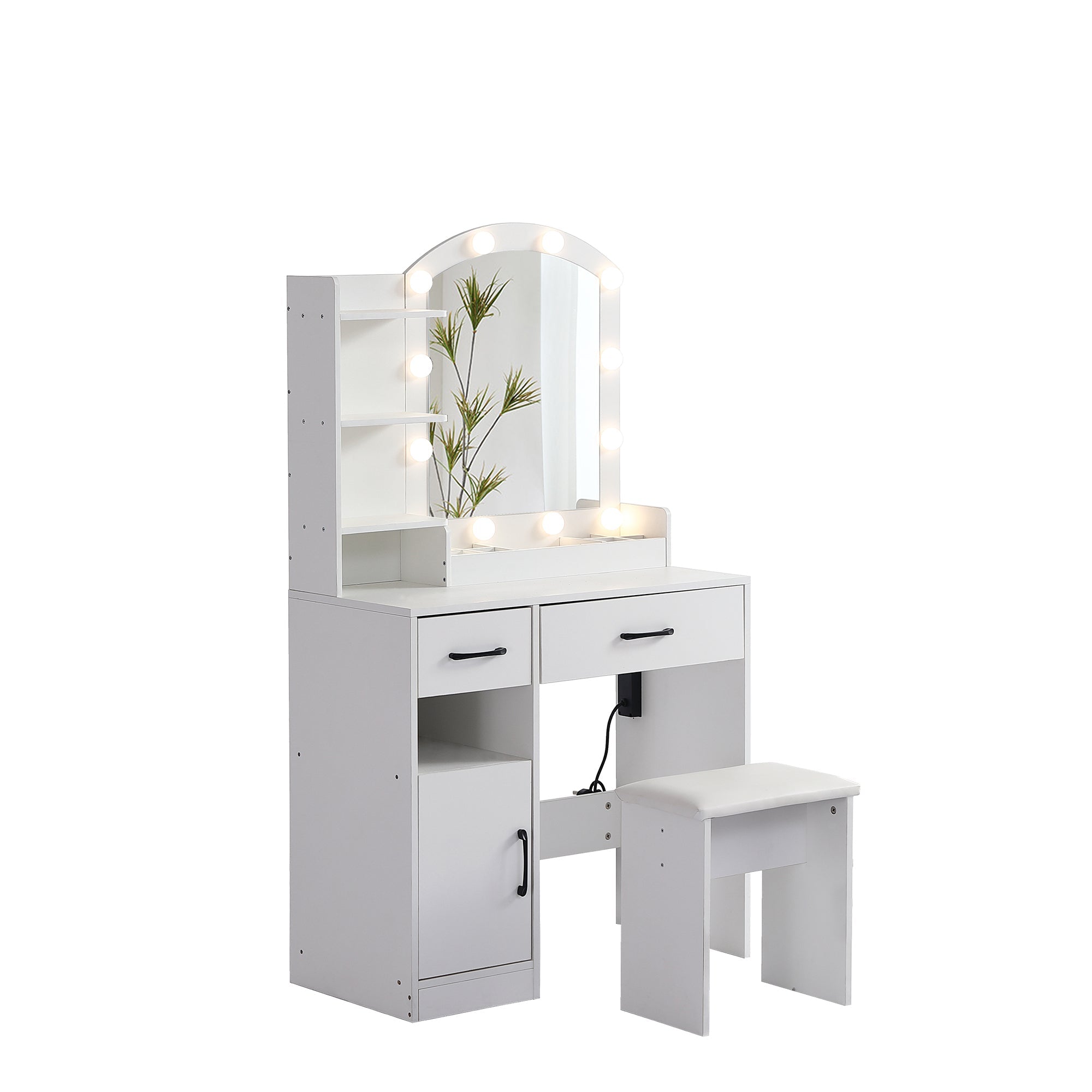 Lighted Vanity Set w/ Mirror, Stool & Storage - White-American Furniture Outlet