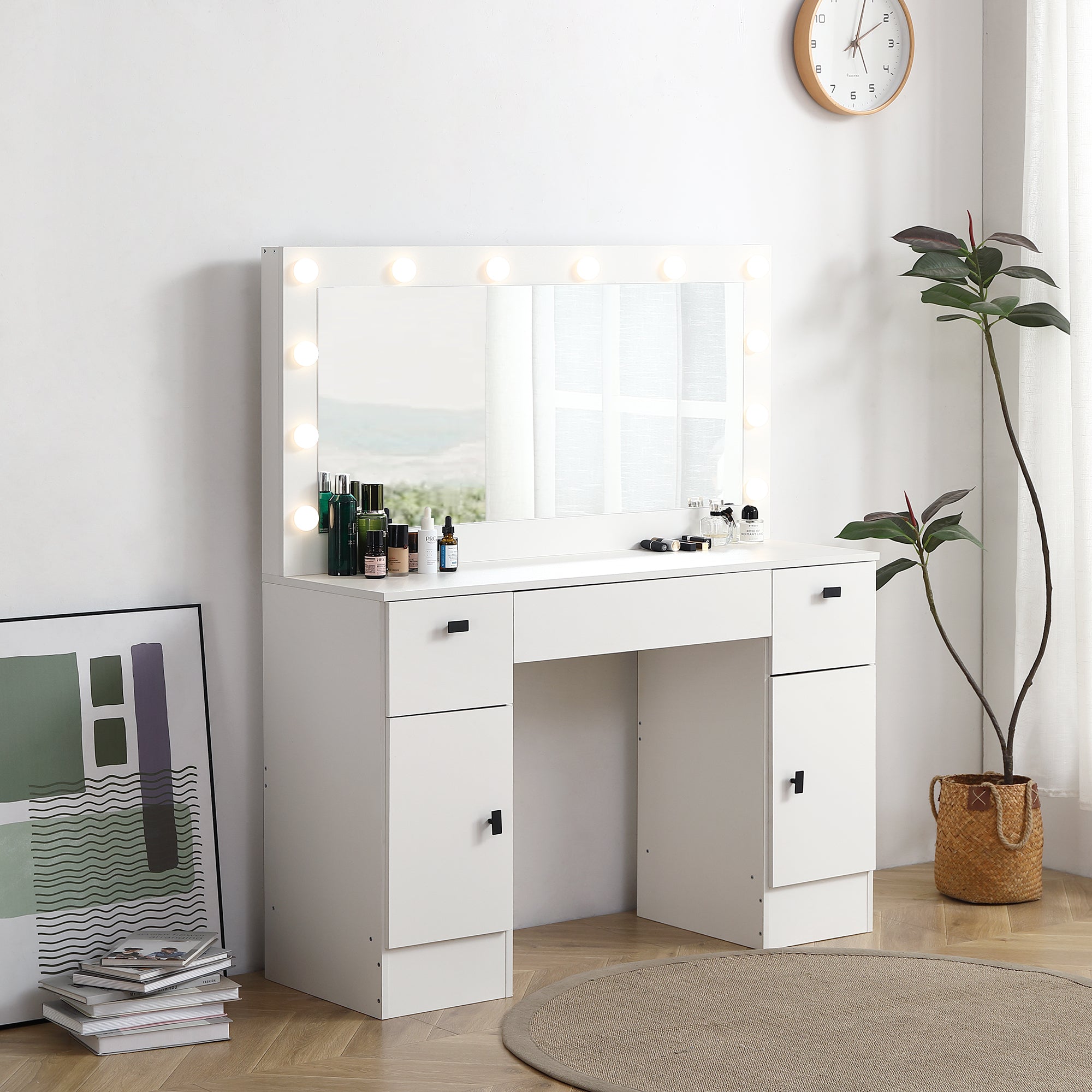 Lighted Vanity Table w/ Mirror, 3 Drawers, White-American Furniture Outlet